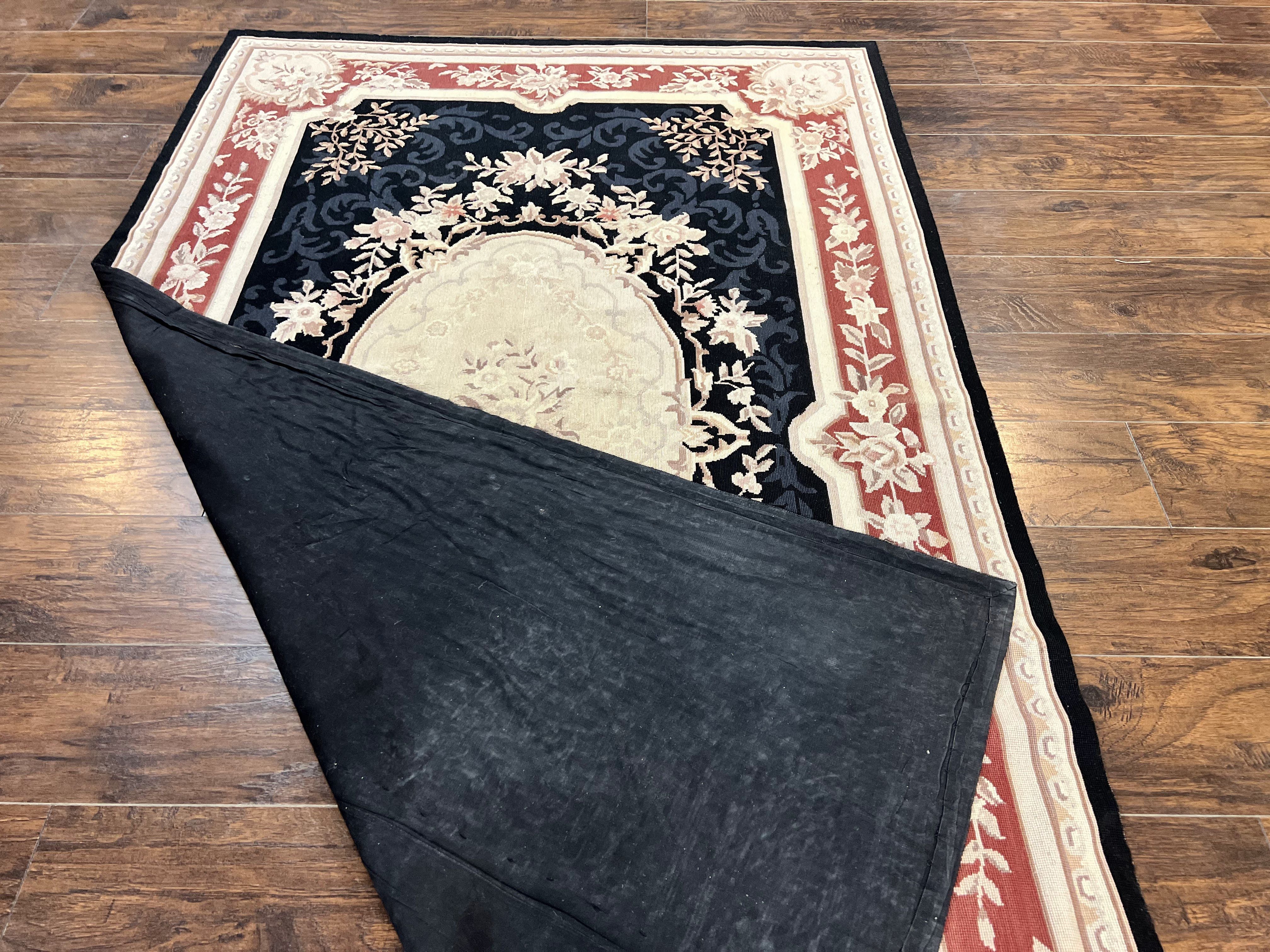 Needlepoint Rug 5x8, Wool Handmade Vintage European Design Carpet, Black & Maroon, French Aubusson Pattern Flatweave Rug - Image 12