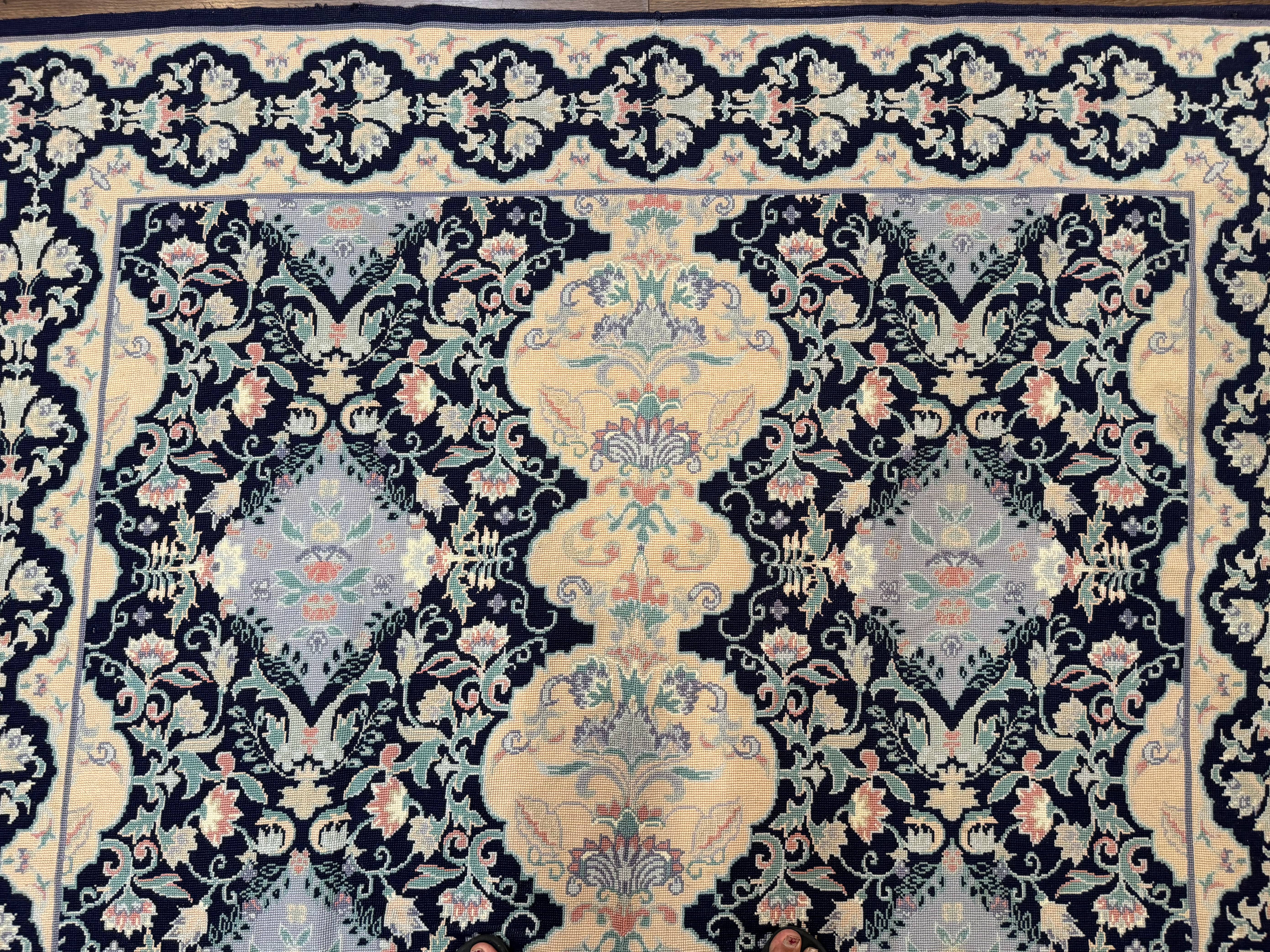 Needlepoint Rug 6x9, Ivory and Navy Blue - Image 3