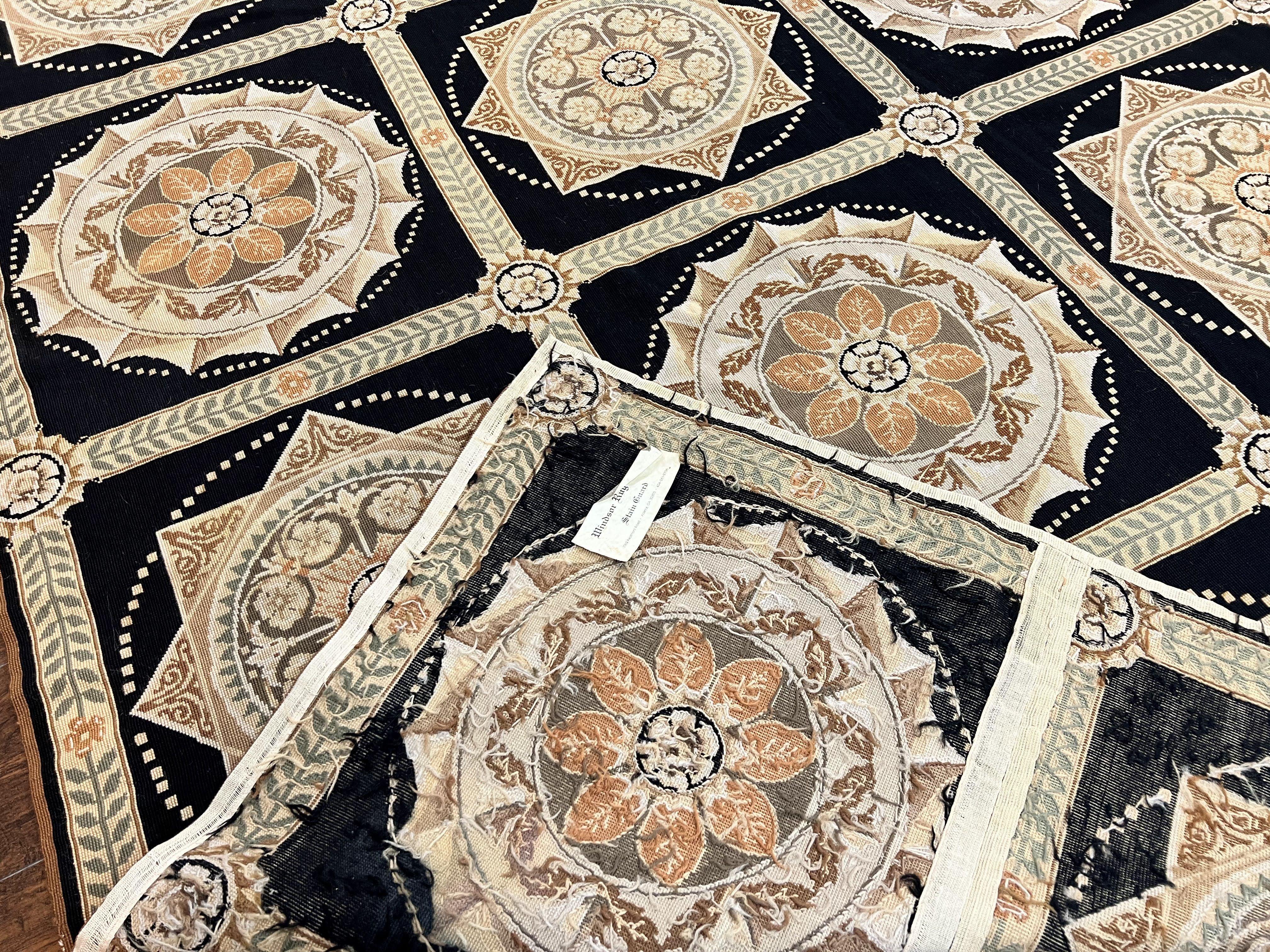 Needlepoint Rug 8x10, Black Tan Beige, Panel Design, Wool Handwoven Handmade Flatweave Needlepoint Carpet, Vintage French European Rug - Image 10