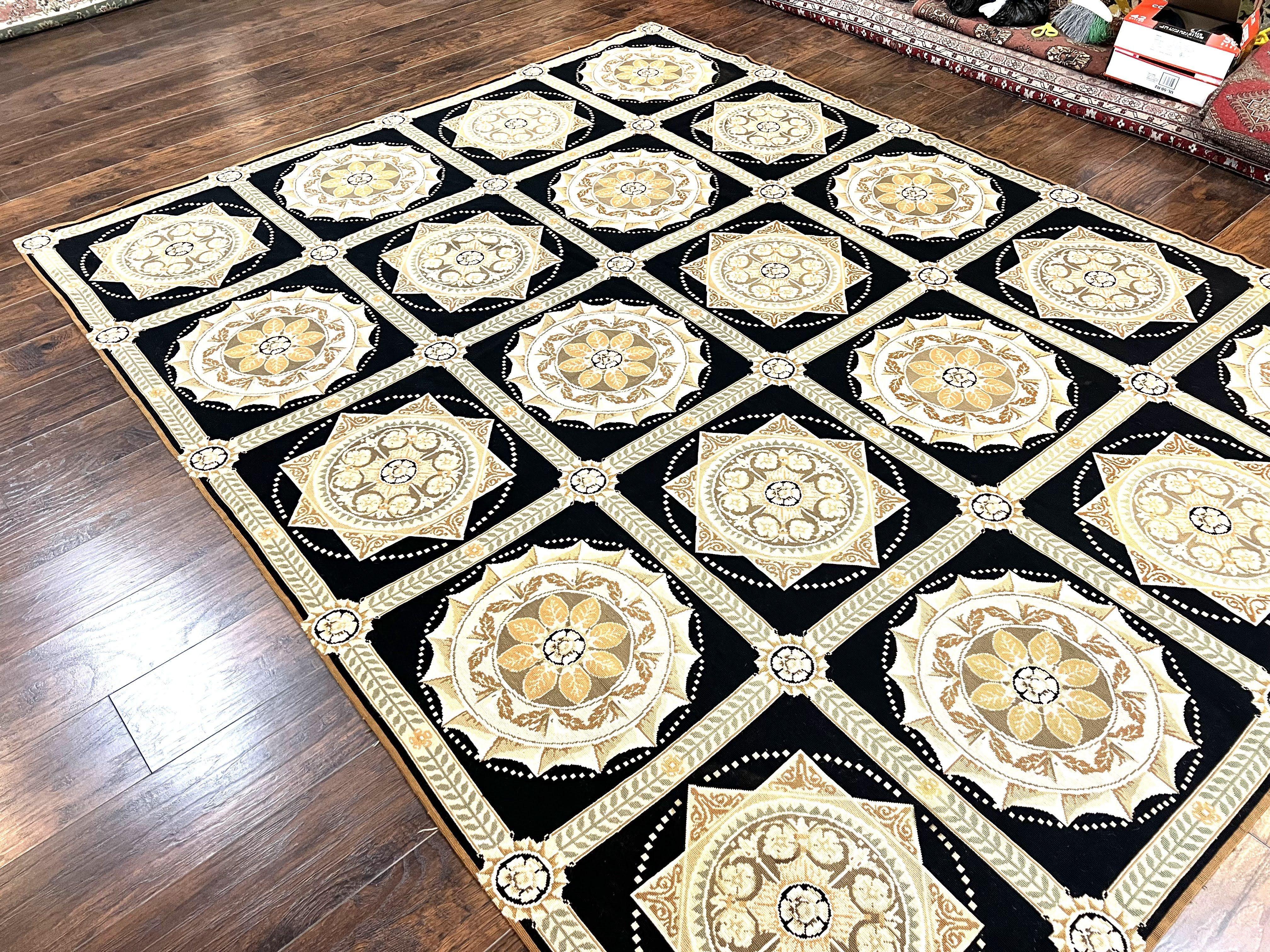 Needlepoint Rug 8x10, Black Tan Beige, Panel Design, Wool Handwoven Handmade Flatweave Needlepoint Carpet, Vintage French European Rug - Image 11