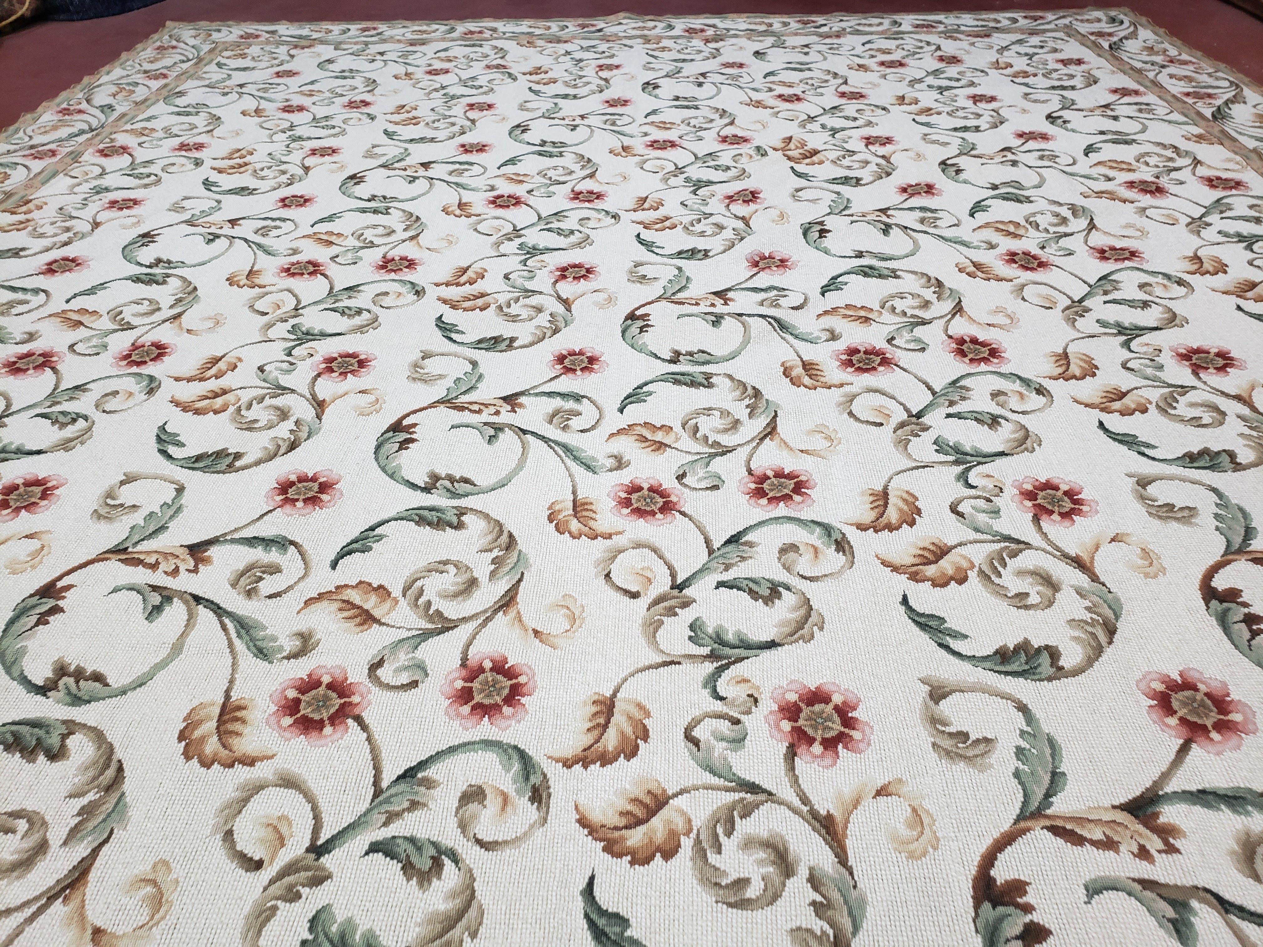 Needlepoint Rug 9x12, European Aubusson Design, Floral Allover Garden Pattern, New Needlepoint Area Rug, Ivory Rug, Hand Woven, Flatweave - Image 12