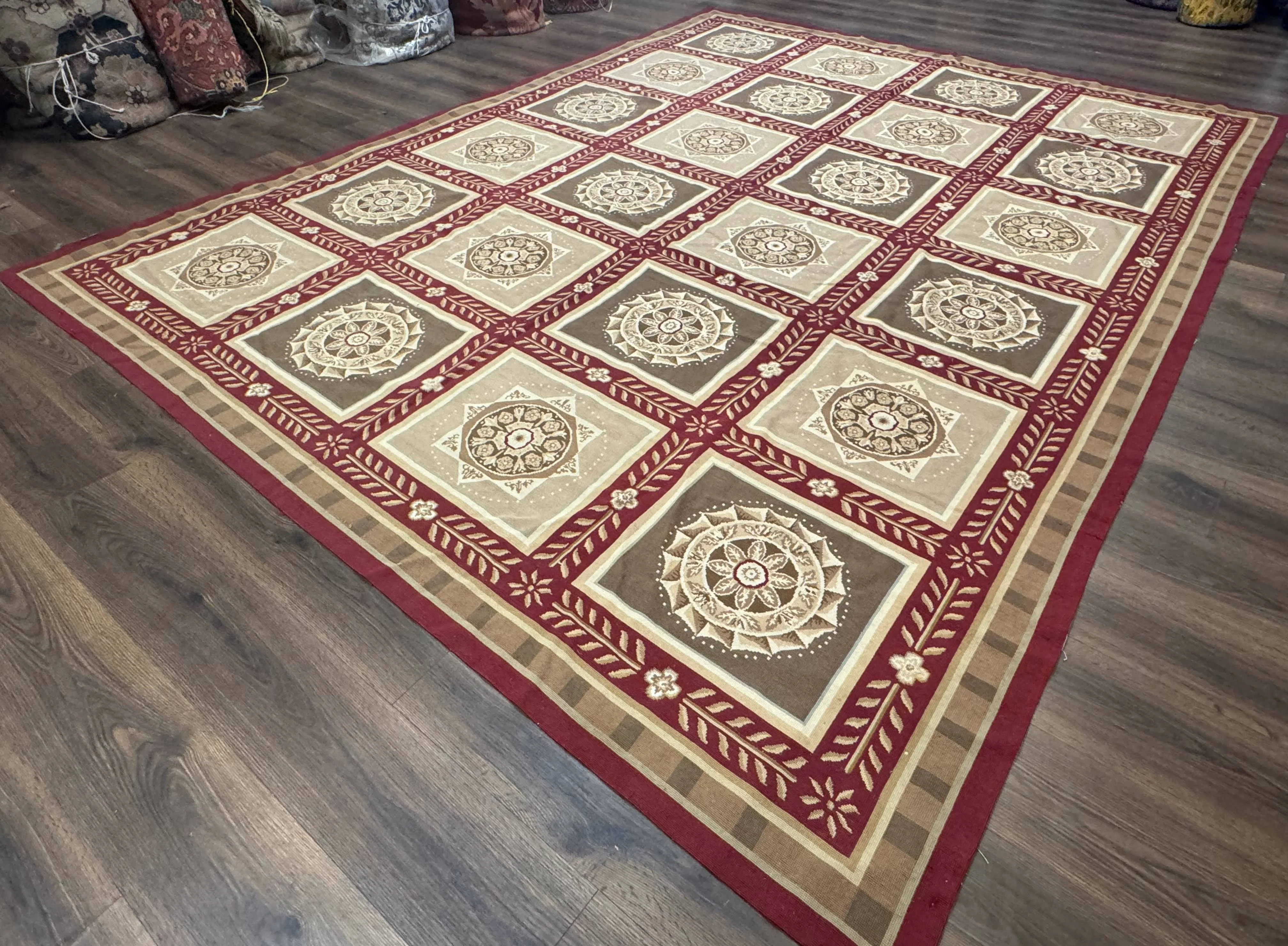 Needlepoint Rug 9x12, Panel Design, Burgundy Taupe, Elegant - Image 2
