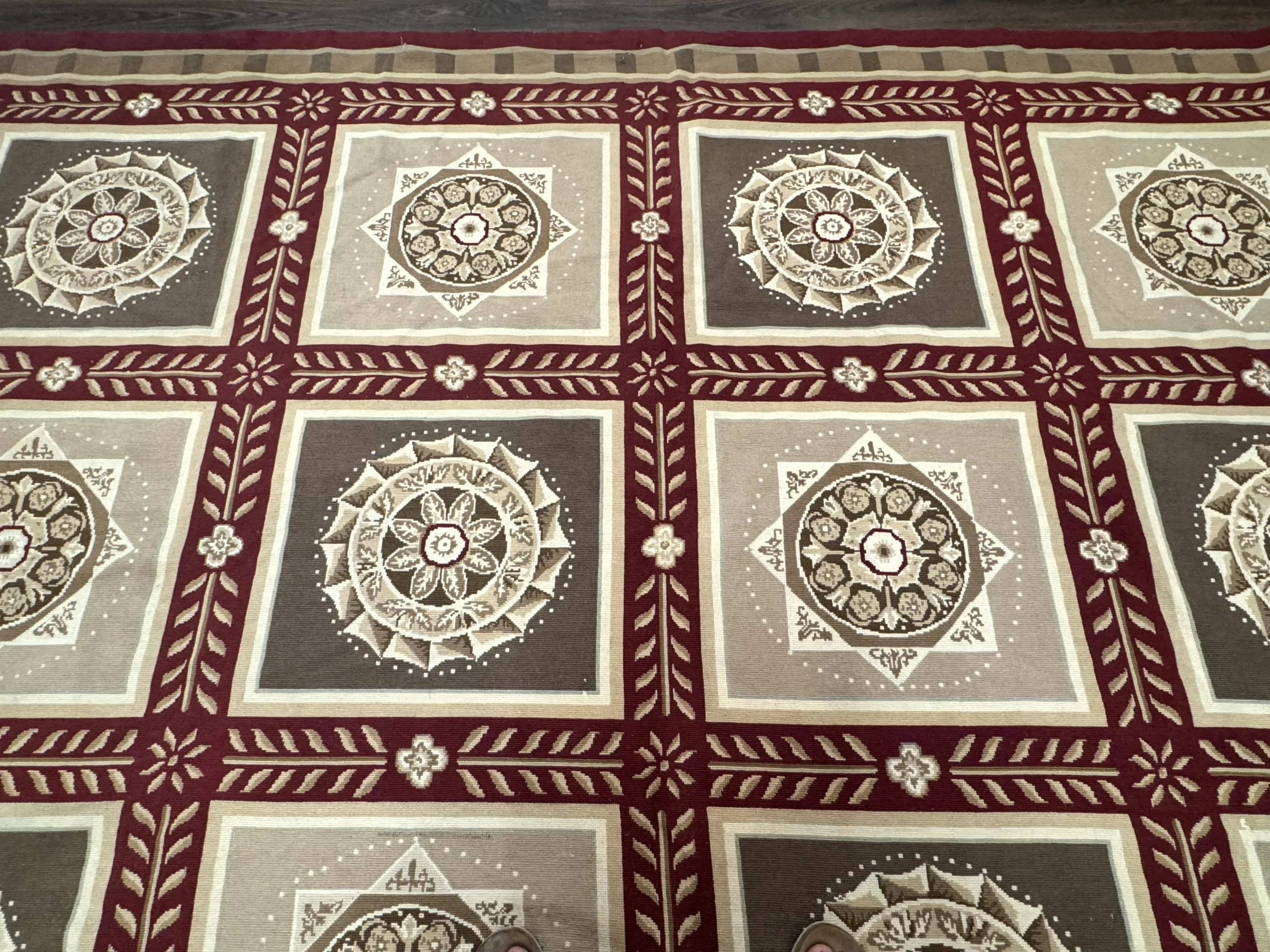 Needlepoint Rug 9x12, Panel Design, Burgundy Taupe, Elegant - Image 3