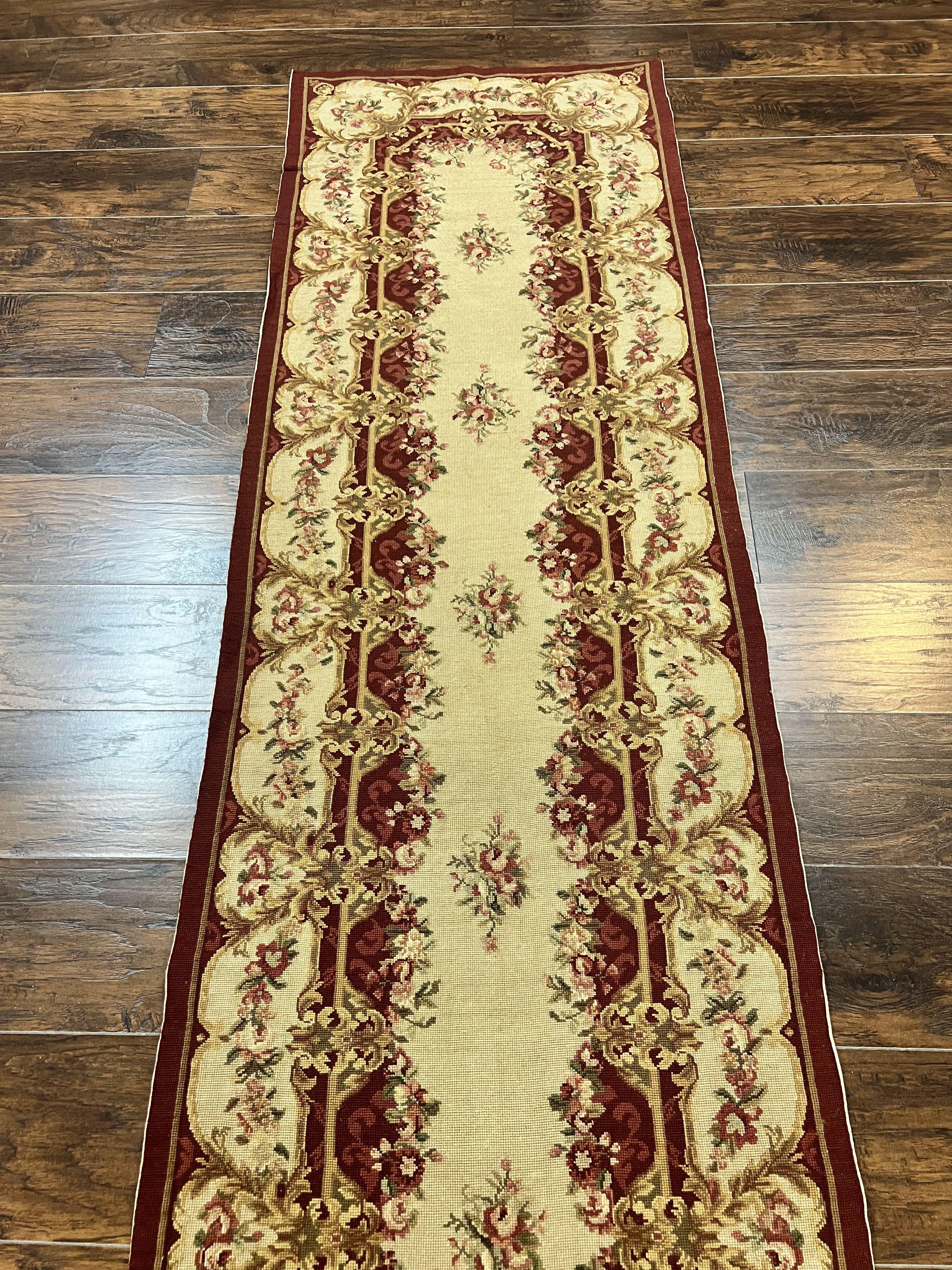 Needlepoint Runner Rug 2.5 x 10.7, Tan Runner Rug, Flatweave Runner, Aubusson European Design, Needlepoint Rug, Long Runner, Hallway Rug - Image 11