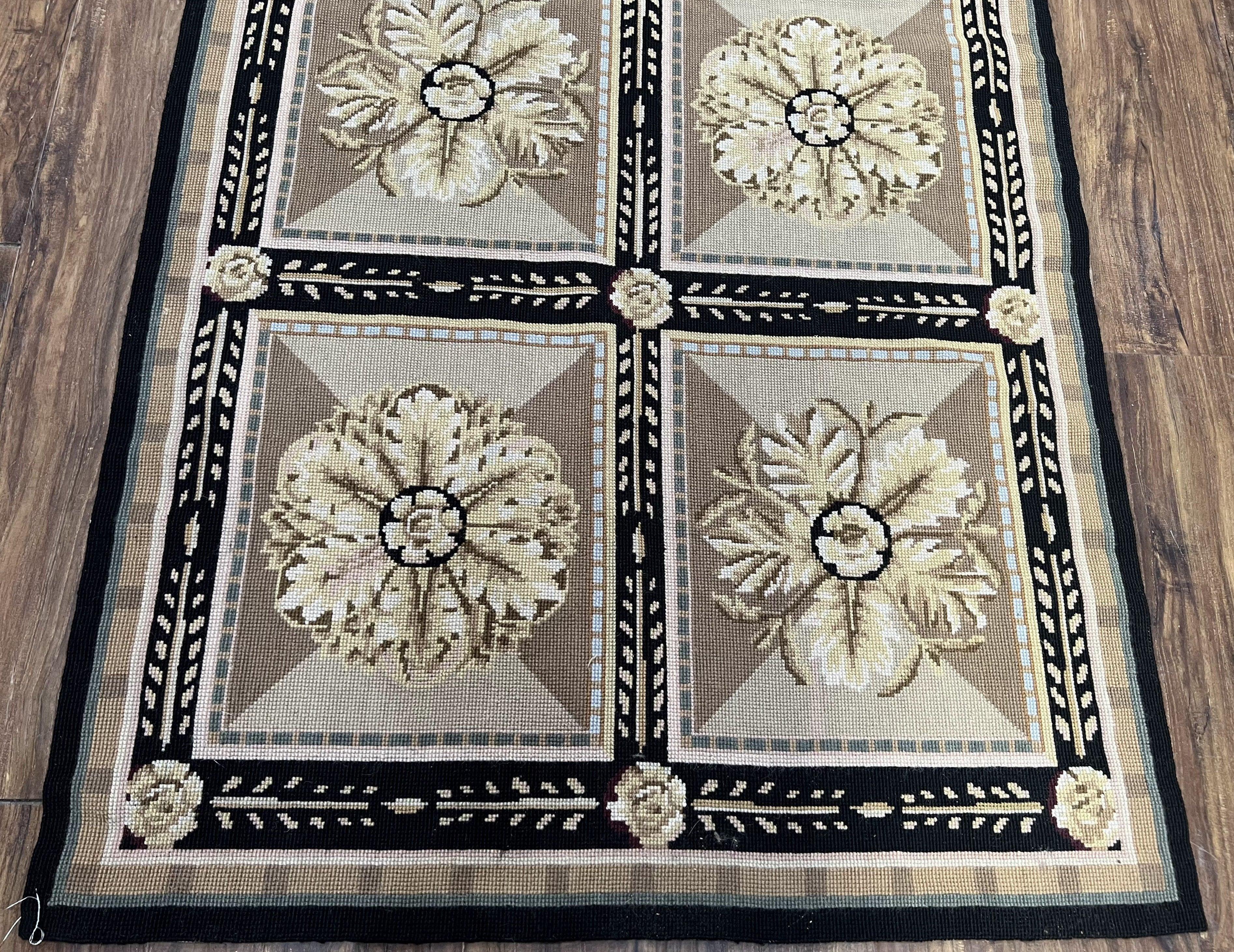 Needlepoint Runner Rug 3x8 Panel Design Rug, Flatweave Runner Rug, English Design, Floral, Short Runner Rug, Black and Beige Wool Hand-Woven - Image 7