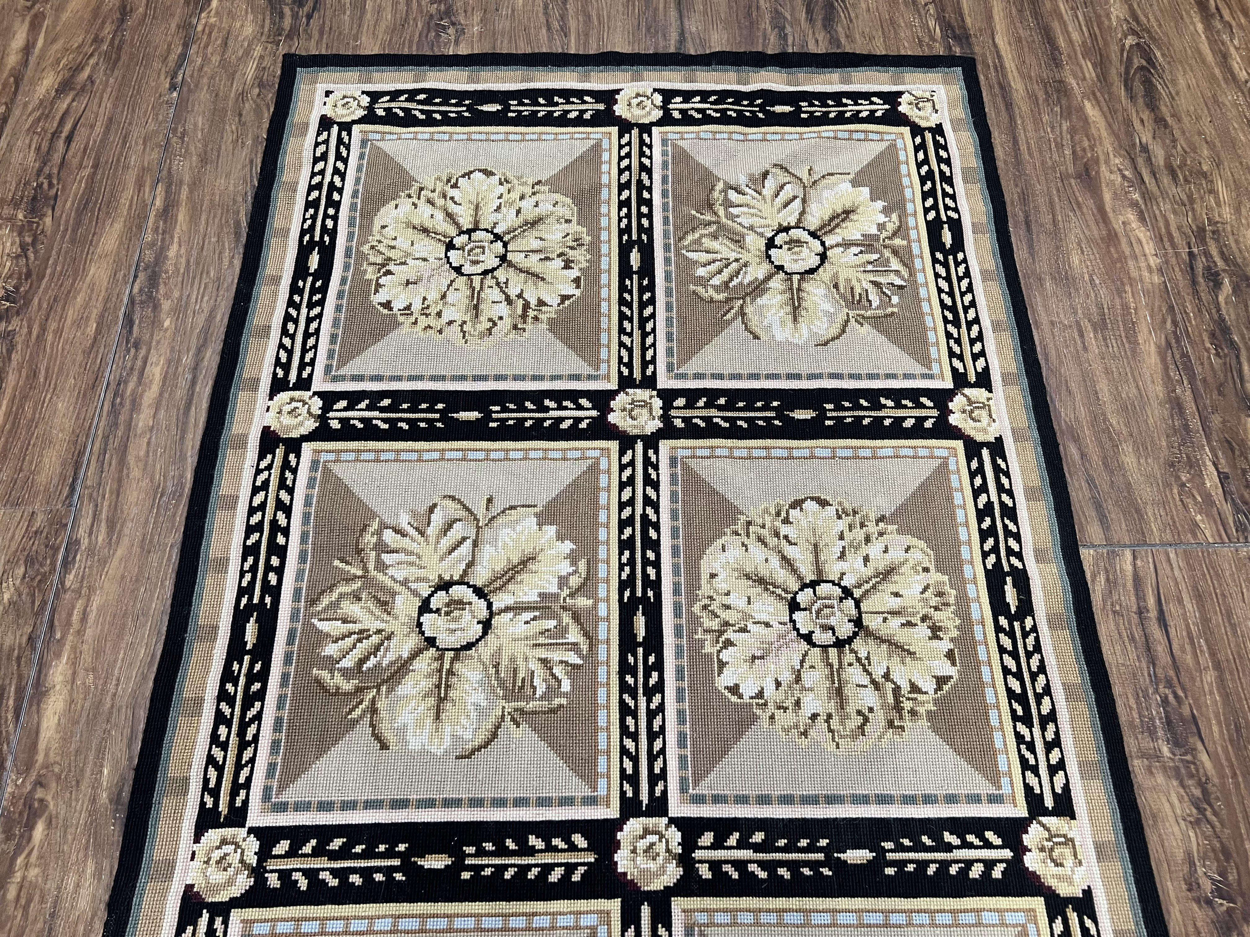 Needlepoint Runner Rug 3x8 Panel Design Rug, Flatweave Runner Rug, English Design, Floral, Short Runner Rug, Black and Beige Wool Hand-Woven - Image 8