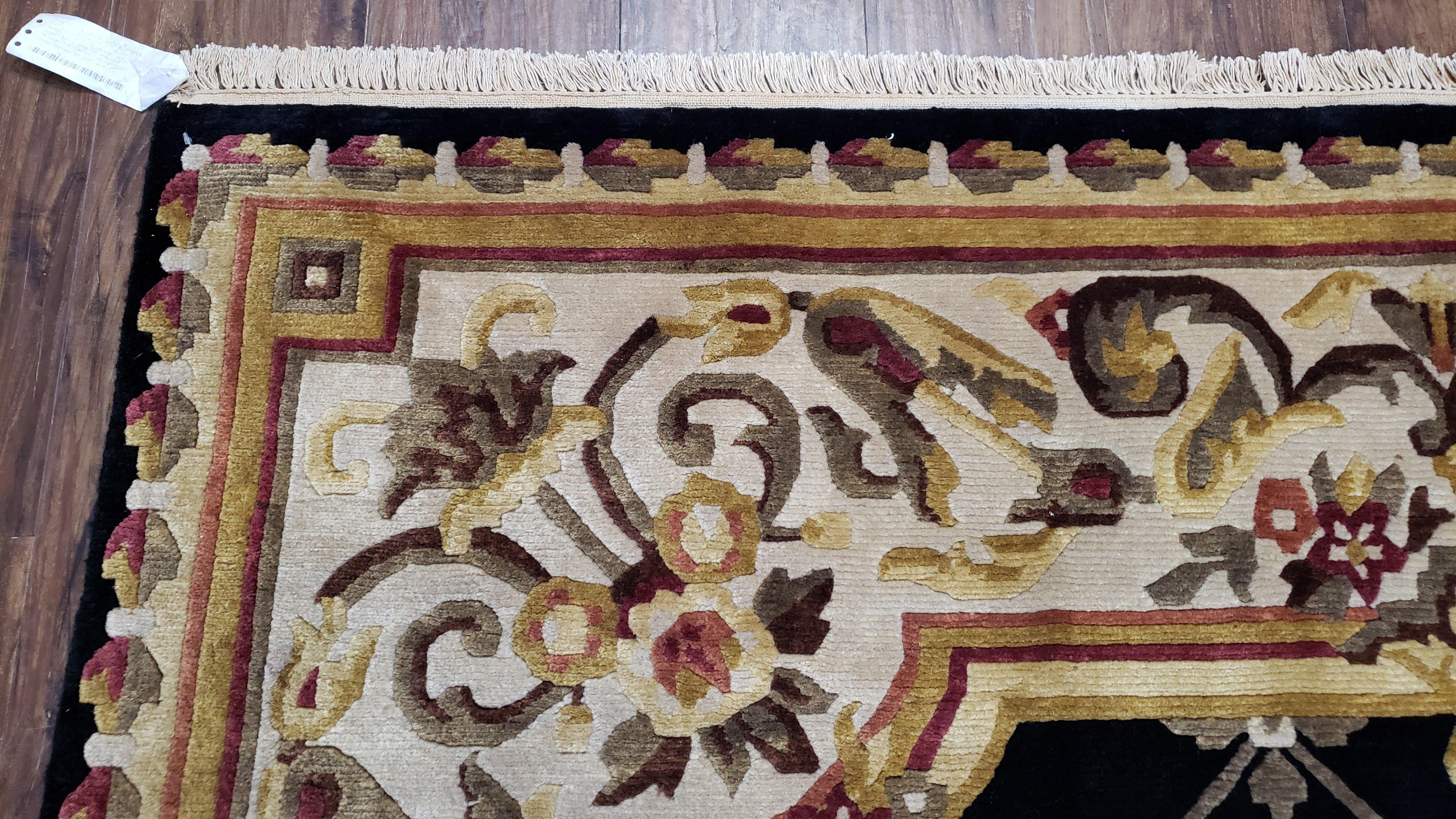 Nepal Rug 6x9, New Aubusson Nepalese Tibetan Carpet 6'1" x 8' 8", Hand-Knotted Wool, Unused, Black & Cream, Savonnerie Pattern, Soft Pile - Image 6