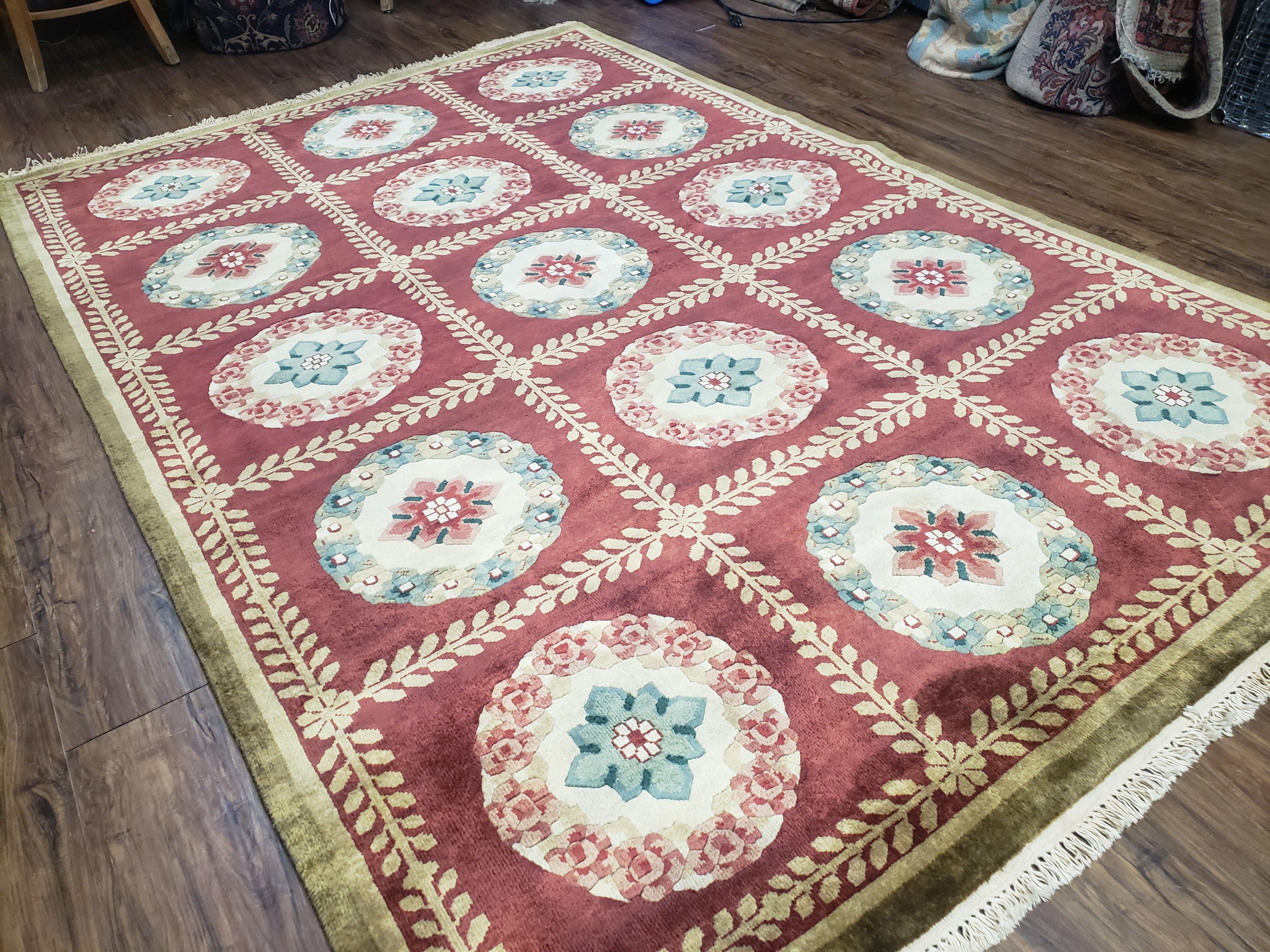 Nepalese Aubusson Panel Rug 6x9, Red & Ivory Soft Plush Tibetan Pile Rug, Wool Hand-Knotted Carpet, 6 x 9 Elegant Area Rug, Office Room Rug - Image 2