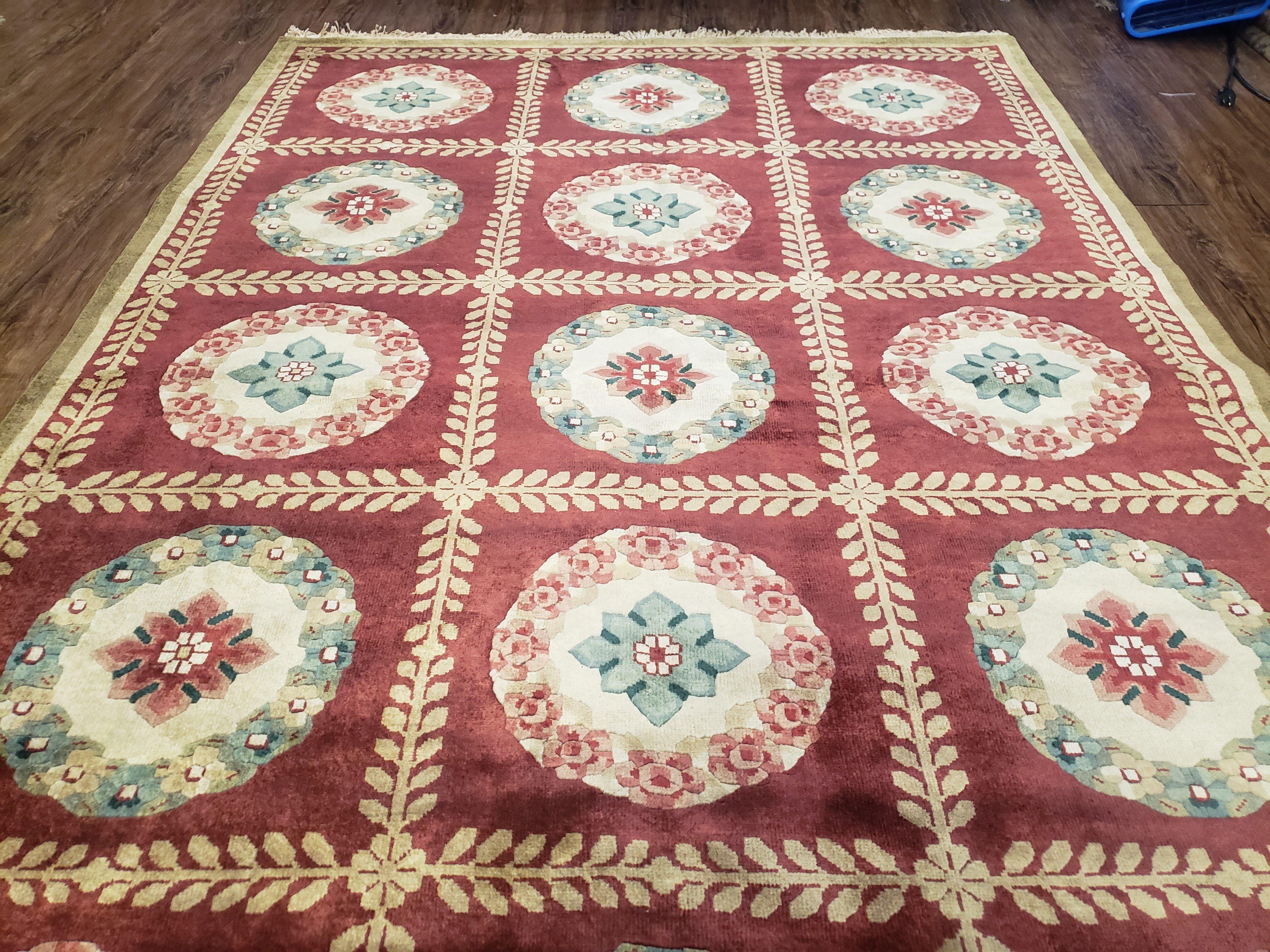 Nepalese Aubusson Panel Rug 6x9, Red & Ivory Soft Plush Tibetan Pile Rug, Wool Hand-Knotted Carpet, 6 x 9 Elegant Area Rug, Office Room Rug - Image 3