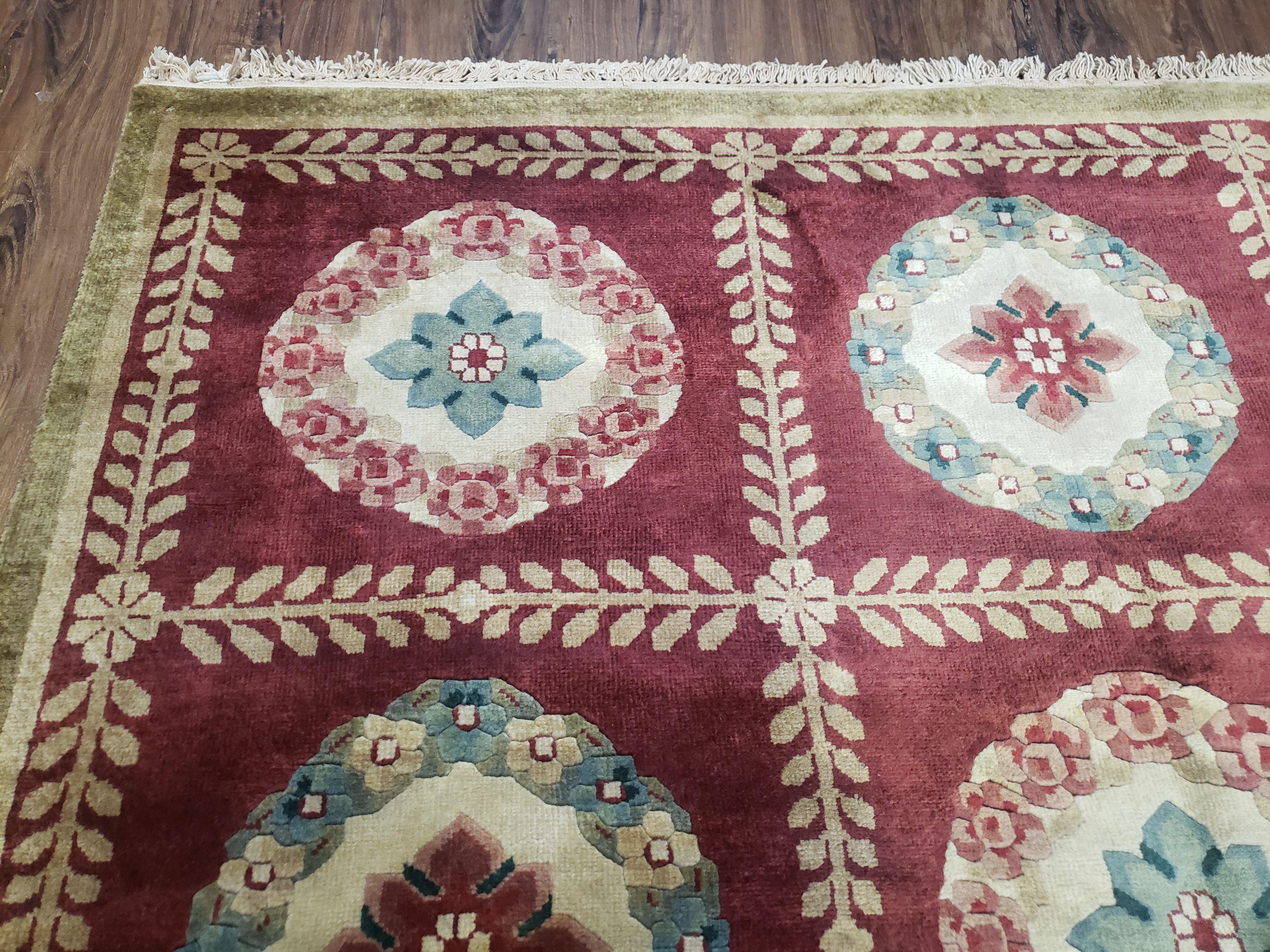 Nepalese Aubusson Panel Rug 6x9, Red & Ivory Soft Plush Tibetan Pile Rug, Wool Hand-Knotted Carpet, 6 x 9 Elegant Area Rug, Office Room Rug - Image 6