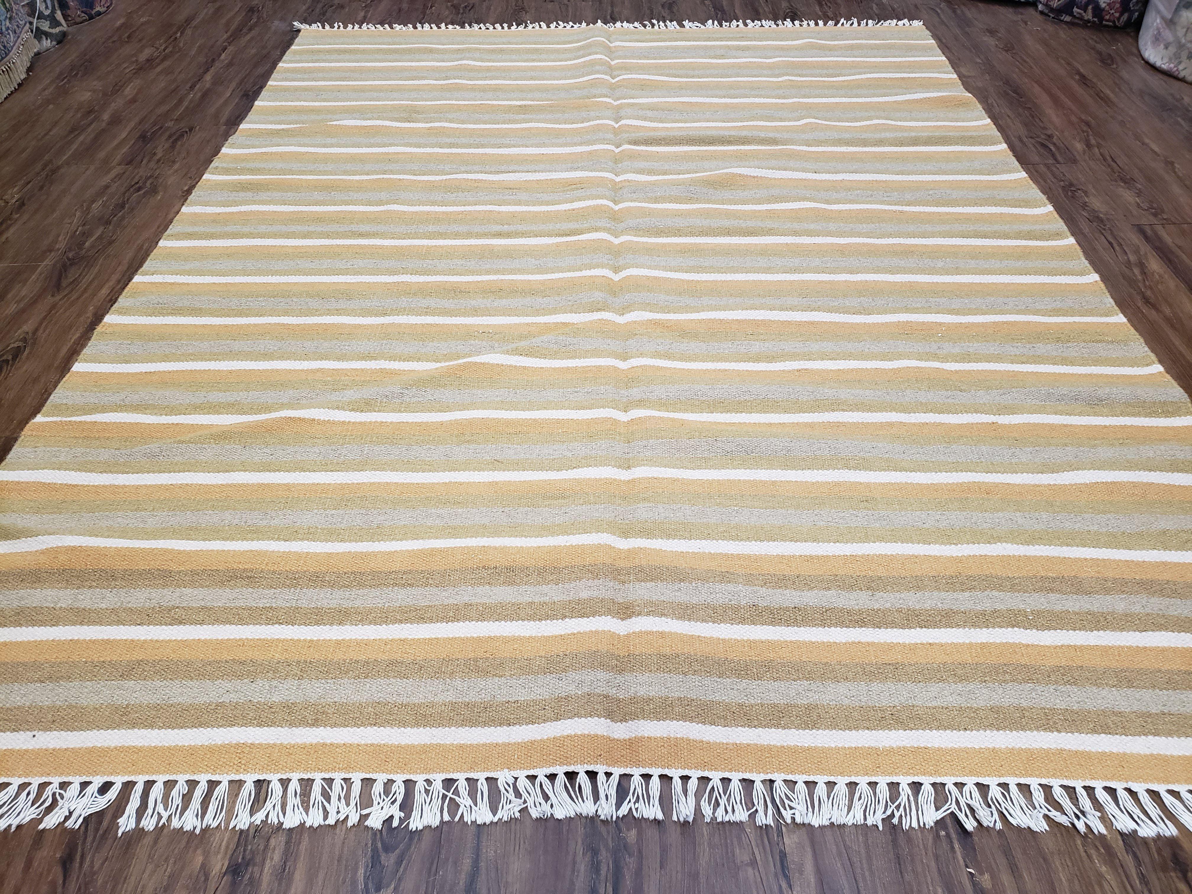 New Indian Kilim Area Rug, 6x8 - 7x8 South American Style Blanket, Striped Indian Wool Hand-Woven Flat Weave 6x9 Bedroom Rug, Ivory Ochre