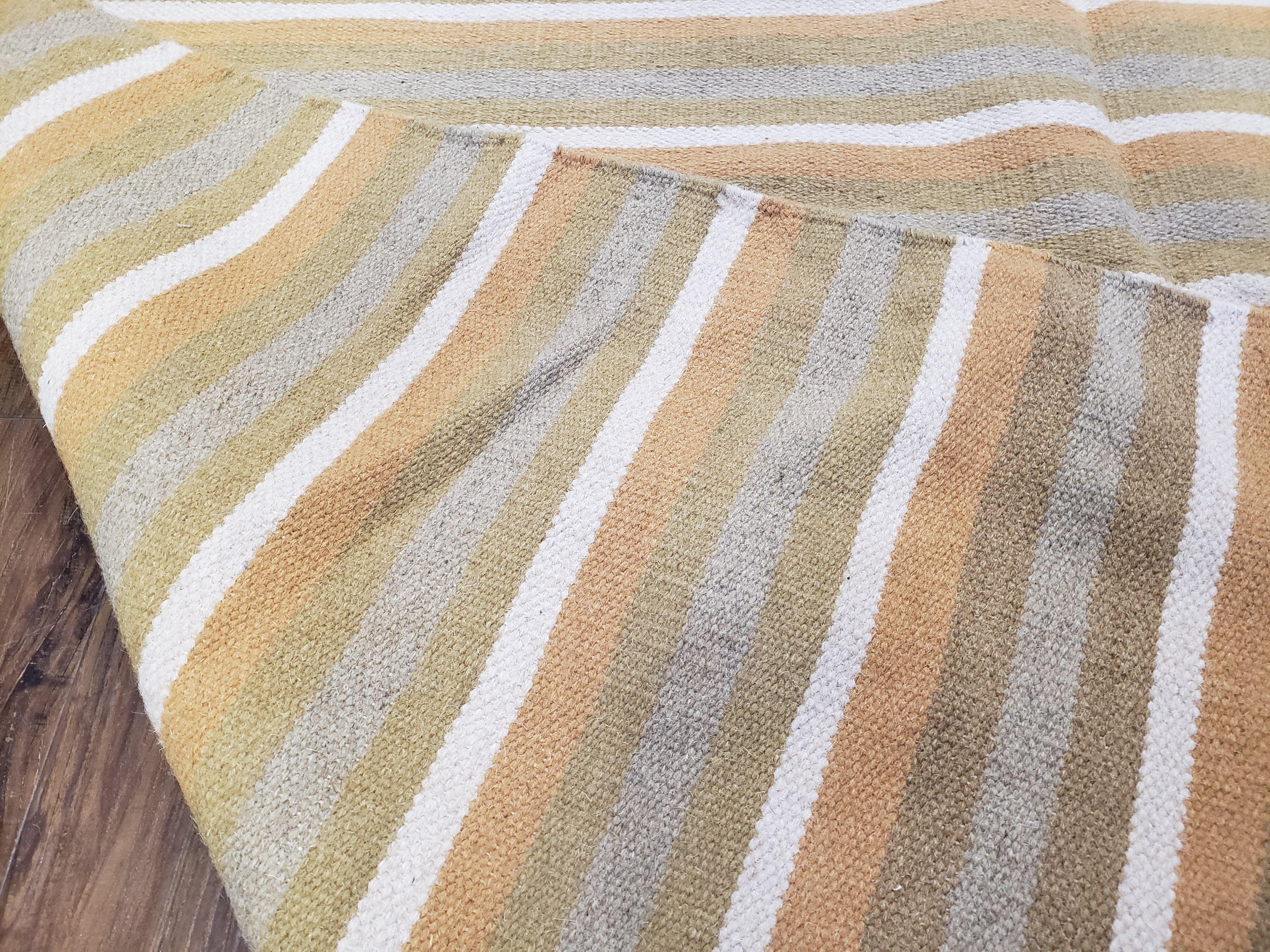 New Indian Kilim Area Rug, 6x8 - 7x8 South American Style Blanket, Striped Indian Wool Hand-Woven Flat Weave 6x9 Bedroom Rug, Ivory Ochre - Image 10