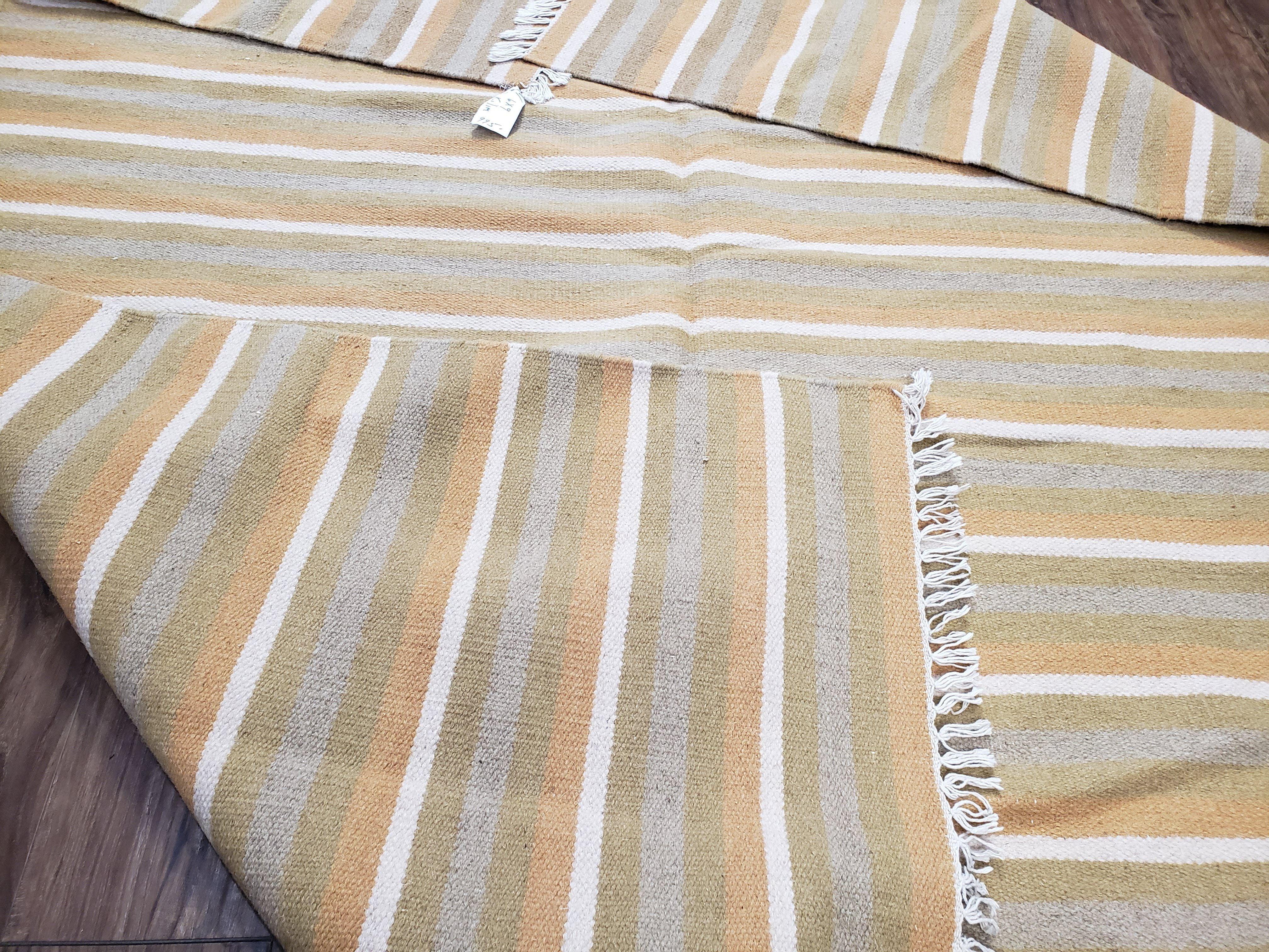 New Indian Kilim Area Rug, 6x8 - 7x8 South American Style Blanket, Striped Indian Wool Hand-Woven Flat Weave 6x9 Bedroom Rug, Ivory Ochre - Image 11