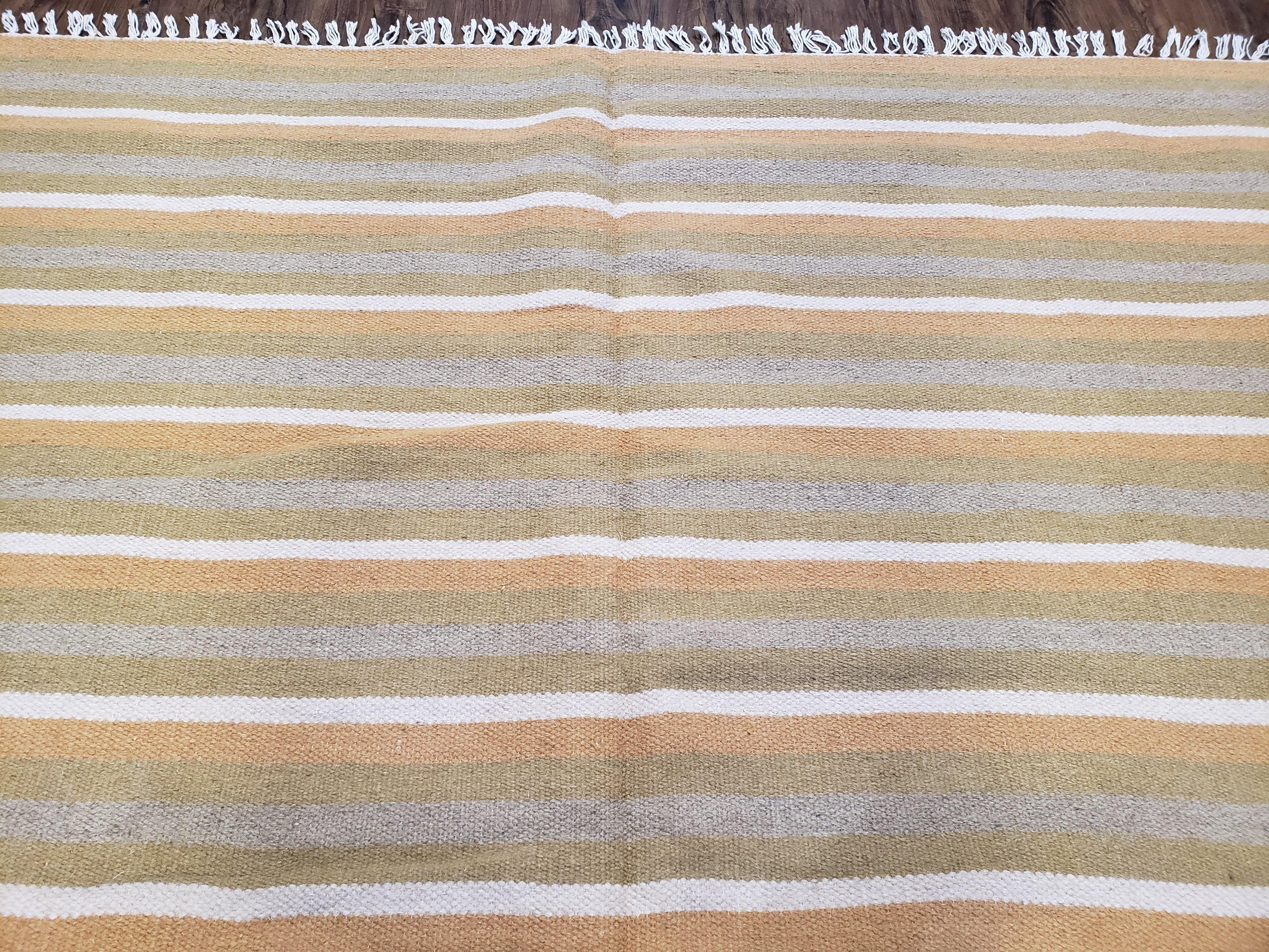 New Indian Kilim Area Rug, 6x8 - 7x8 South American Style Blanket, Striped Indian Wool Hand-Woven Flat Weave 6x9 Bedroom Rug, Ivory Ochre - Image 12