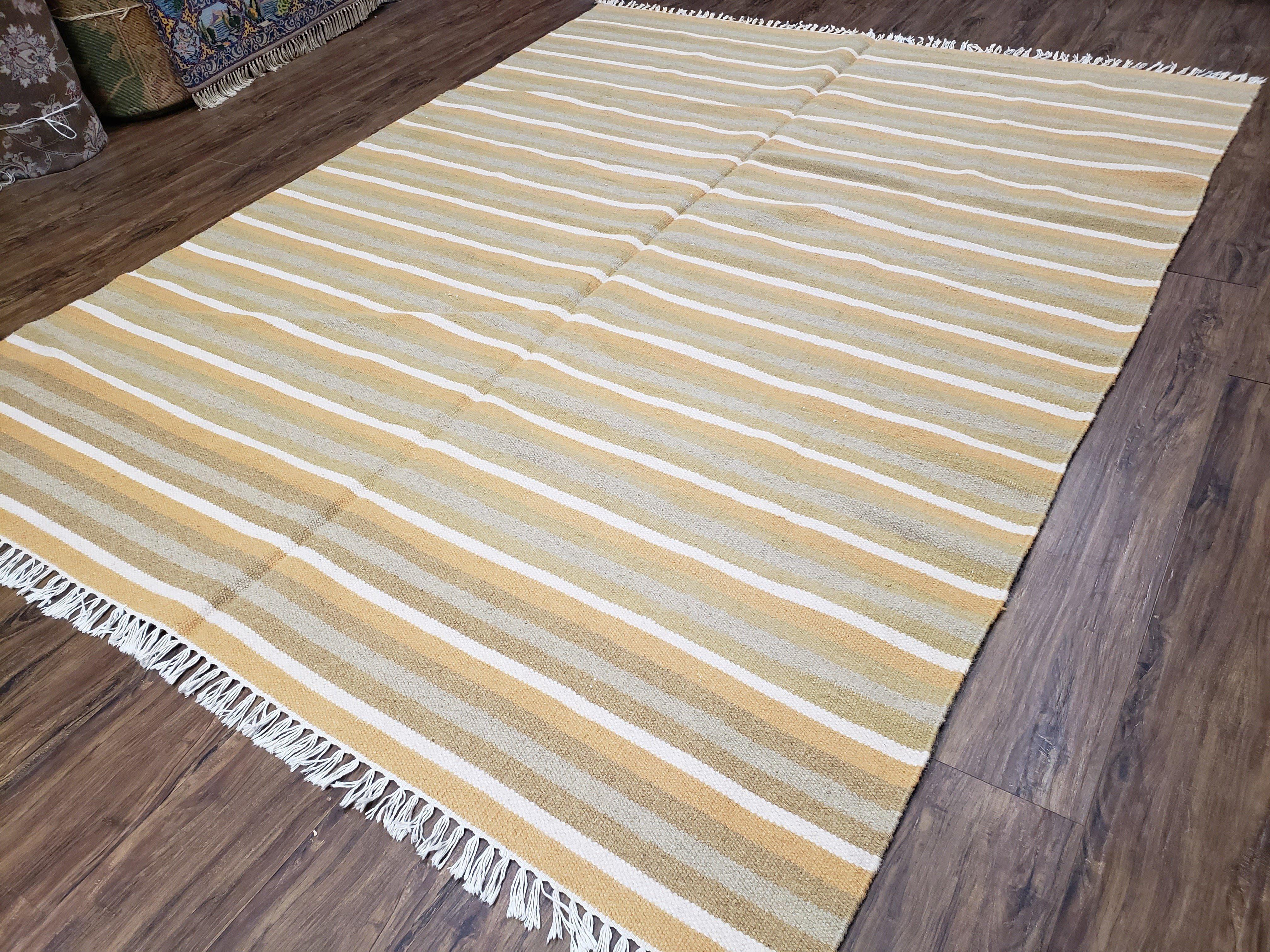 New Indian Kilim Area Rug, 6x8 - 7x8 South American Style Blanket, Striped Indian Wool Hand-Woven Flat Weave 6x9 Bedroom Rug, Ivory Ochre - Image 2