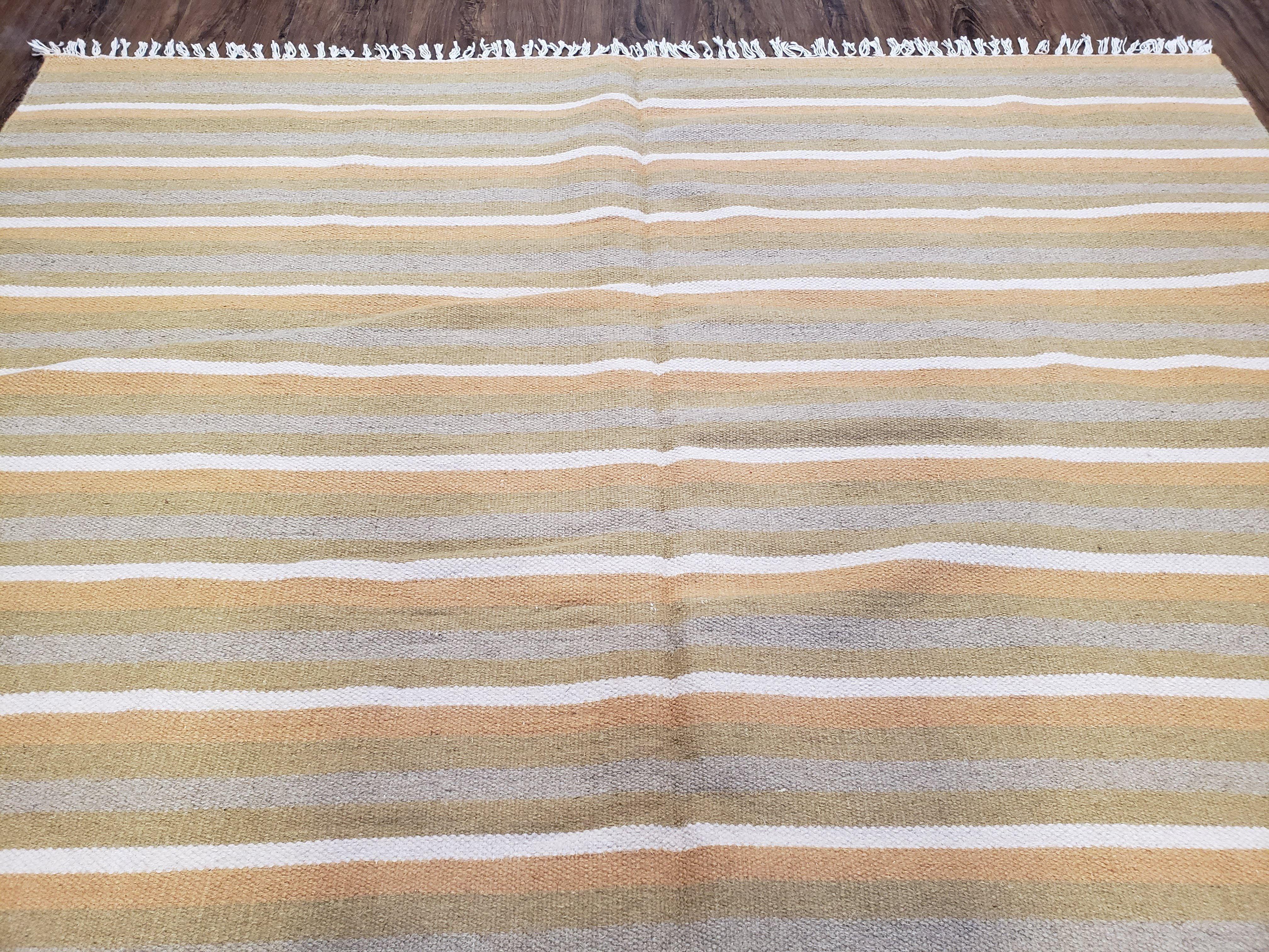 New Indian Kilim Area Rug, 6x8 - 7x8 South American Style Blanket, Striped Indian Wool Hand-Woven Flat Weave 6x9 Bedroom Rug, Ivory Ochre - Image 4