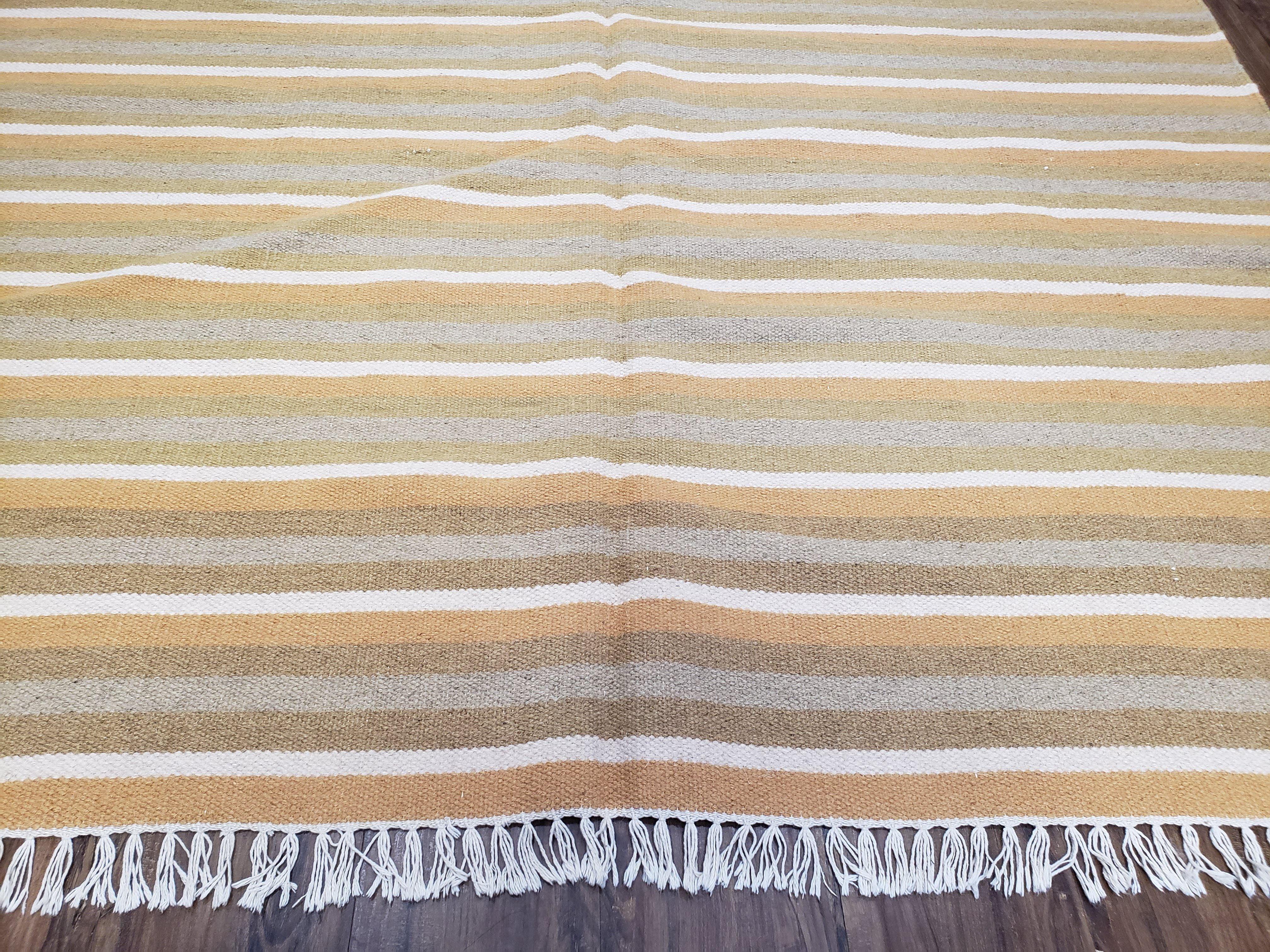 New Indian Kilim Area Rug, 6x8 - 7x8 South American Style Blanket, Striped Indian Wool Hand-Woven Flat Weave 6x9 Bedroom Rug, Ivory Ochre - Image 5
