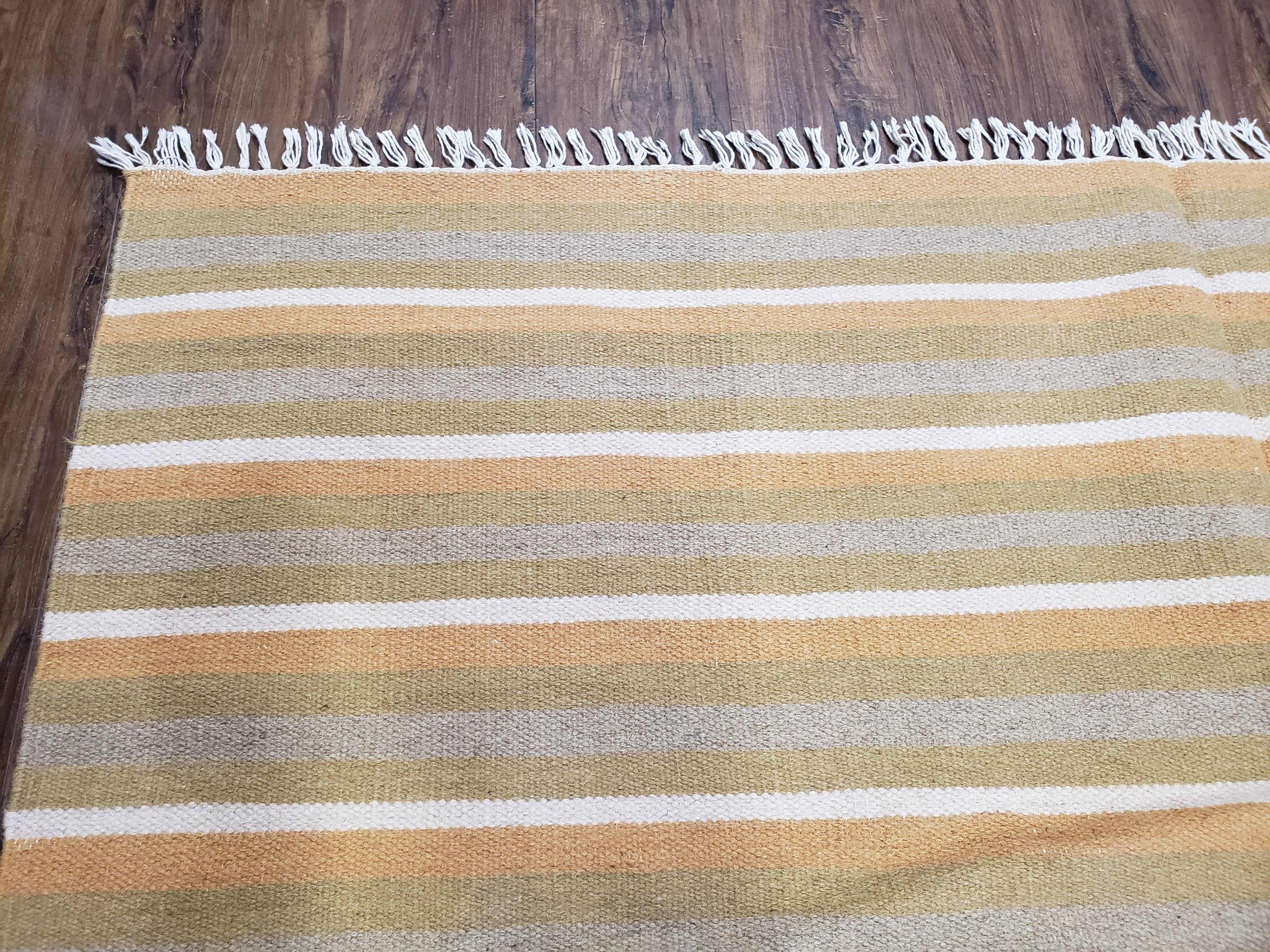 New Indian Kilim Area Rug, 6x8 - 7x8 South American Style Blanket, Striped Indian Wool Hand-Woven Flat Weave 6x9 Bedroom Rug, Ivory Ochre - Image 6