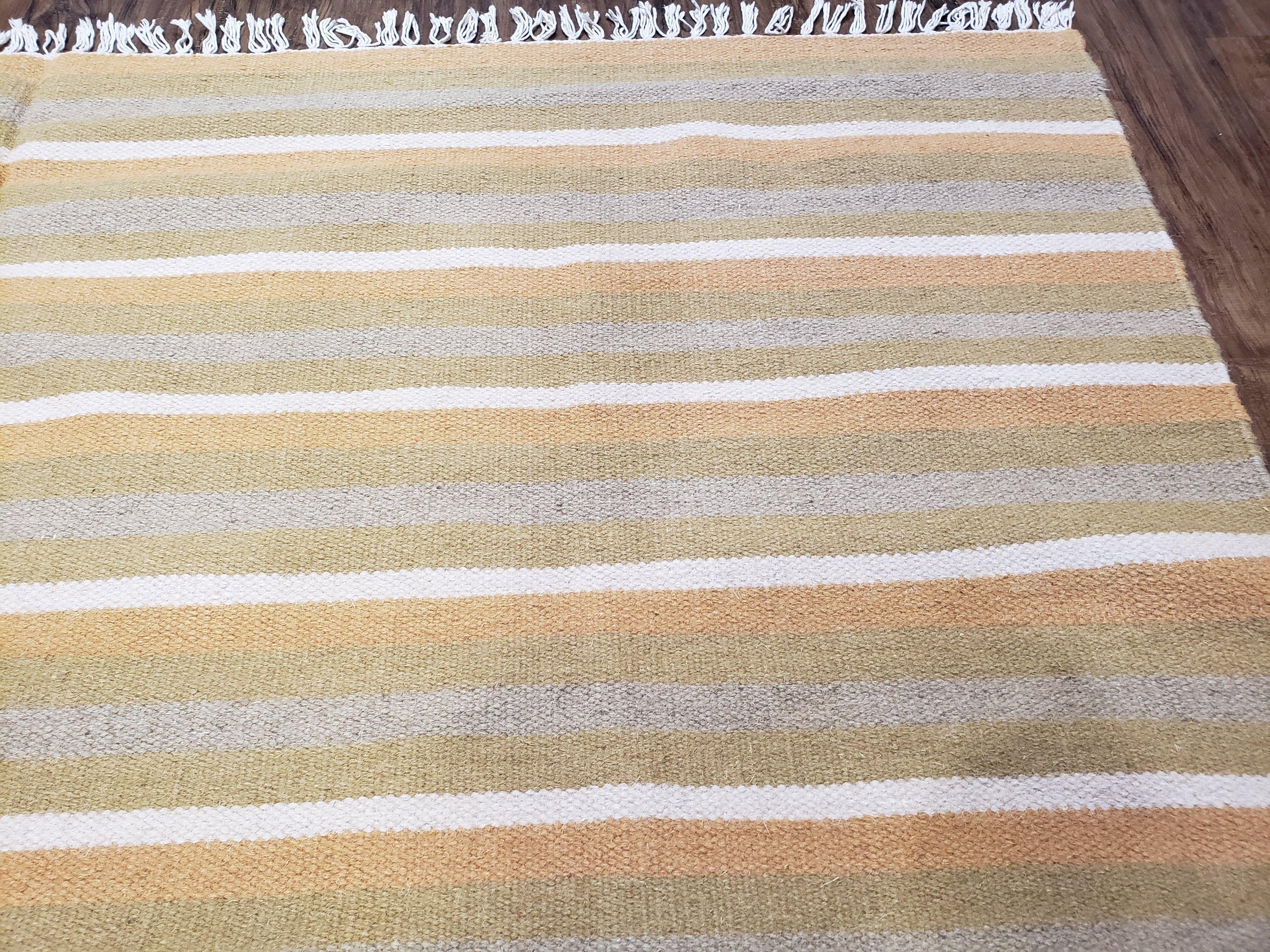 New Indian Kilim Area Rug, 6x8 - 7x8 South American Style Blanket, Striped Indian Wool Hand-Woven Flat Weave 6x9 Bedroom Rug, Ivory Ochre - Image 7