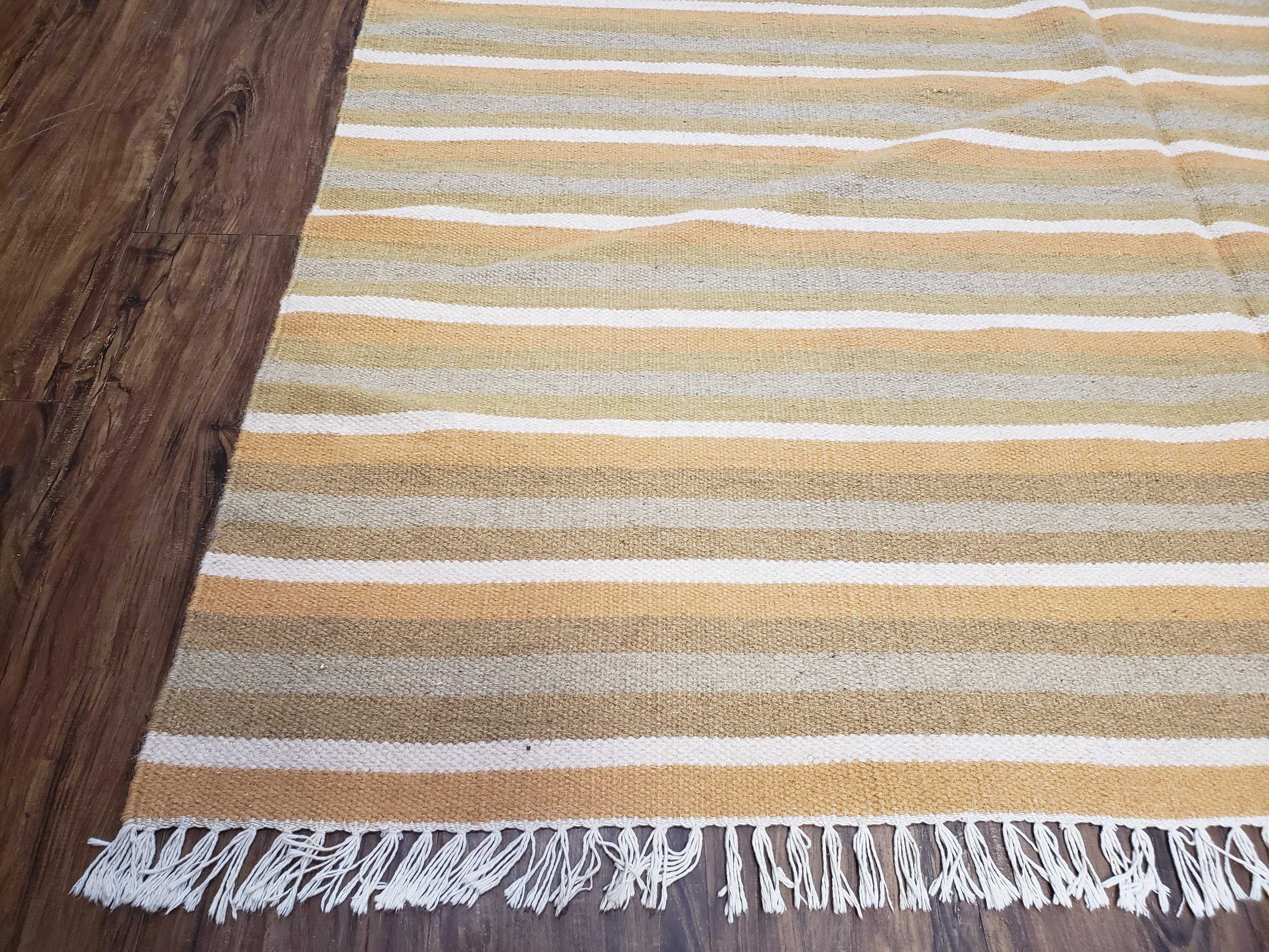 New Indian Kilim Area Rug, 6x8 - 7x8 South American Style Blanket, Striped Indian Wool Hand-Woven Flat Weave 6x9 Bedroom Rug, Ivory Ochre - Image 8