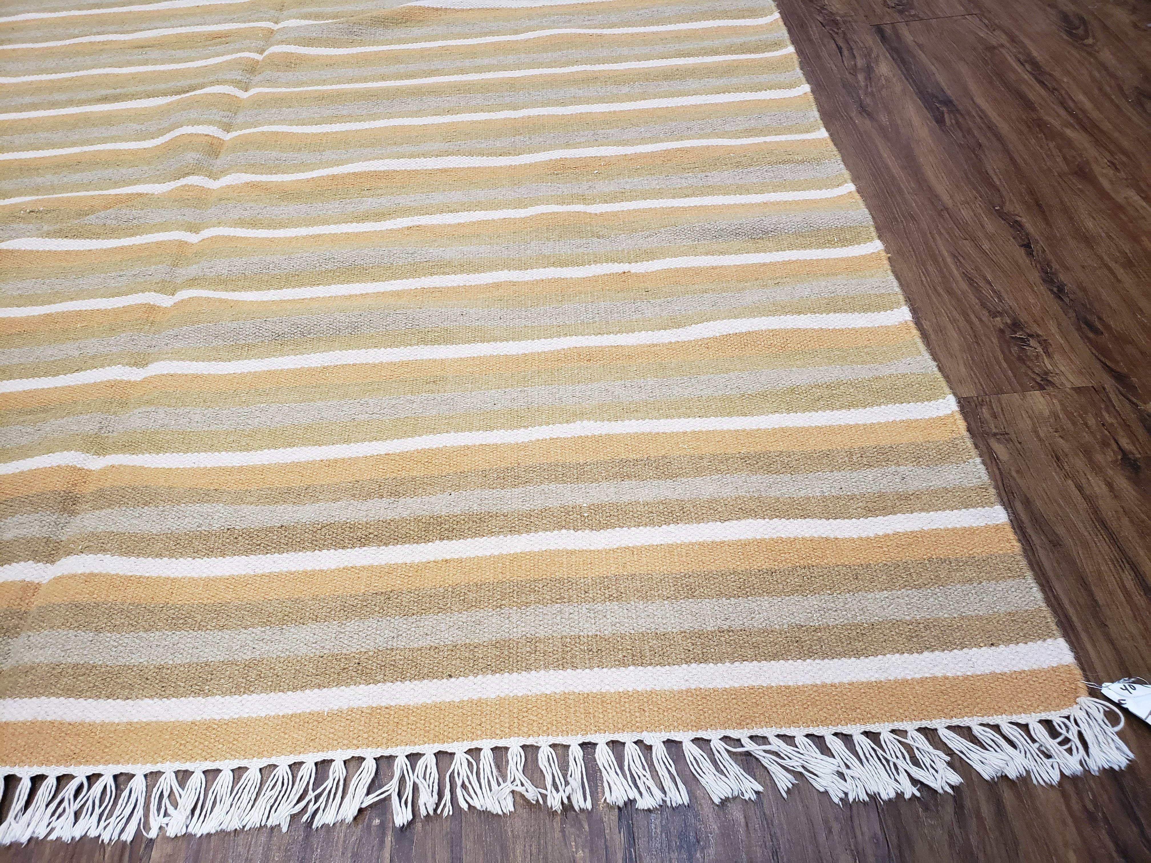 New Indian Kilim Area Rug, 6x8 - 7x8 South American Style Blanket, Striped Indian Wool Hand-Woven Flat Weave 6x9 Bedroom Rug, Ivory Ochre - Image 9