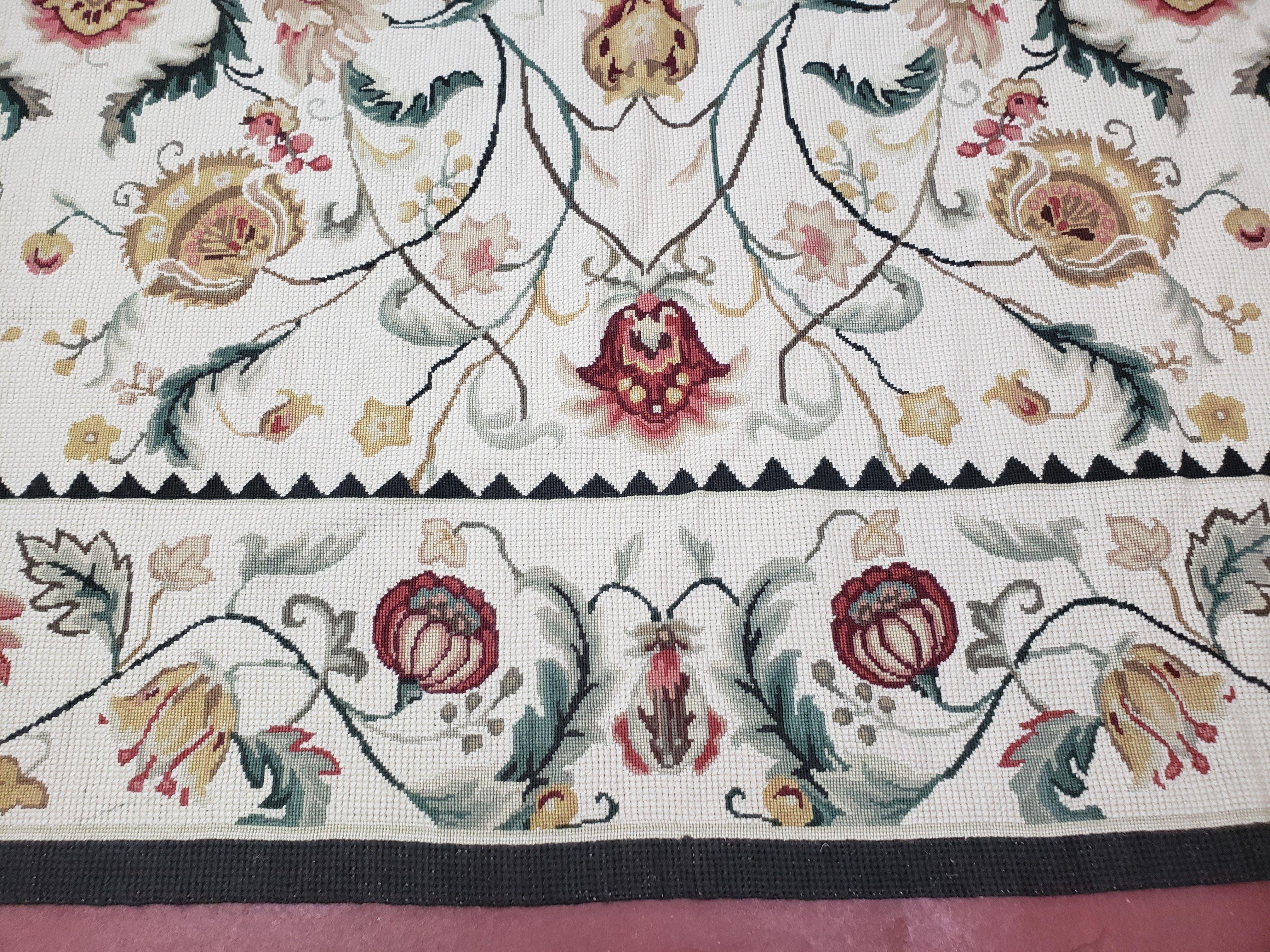 New Needlepoint Rug 9x12, Hand Woven Wool Area Rug, Flatweave Carpet, Handmade Chinese Needlepoint, Floral European Design, Ivory Background - Image 5