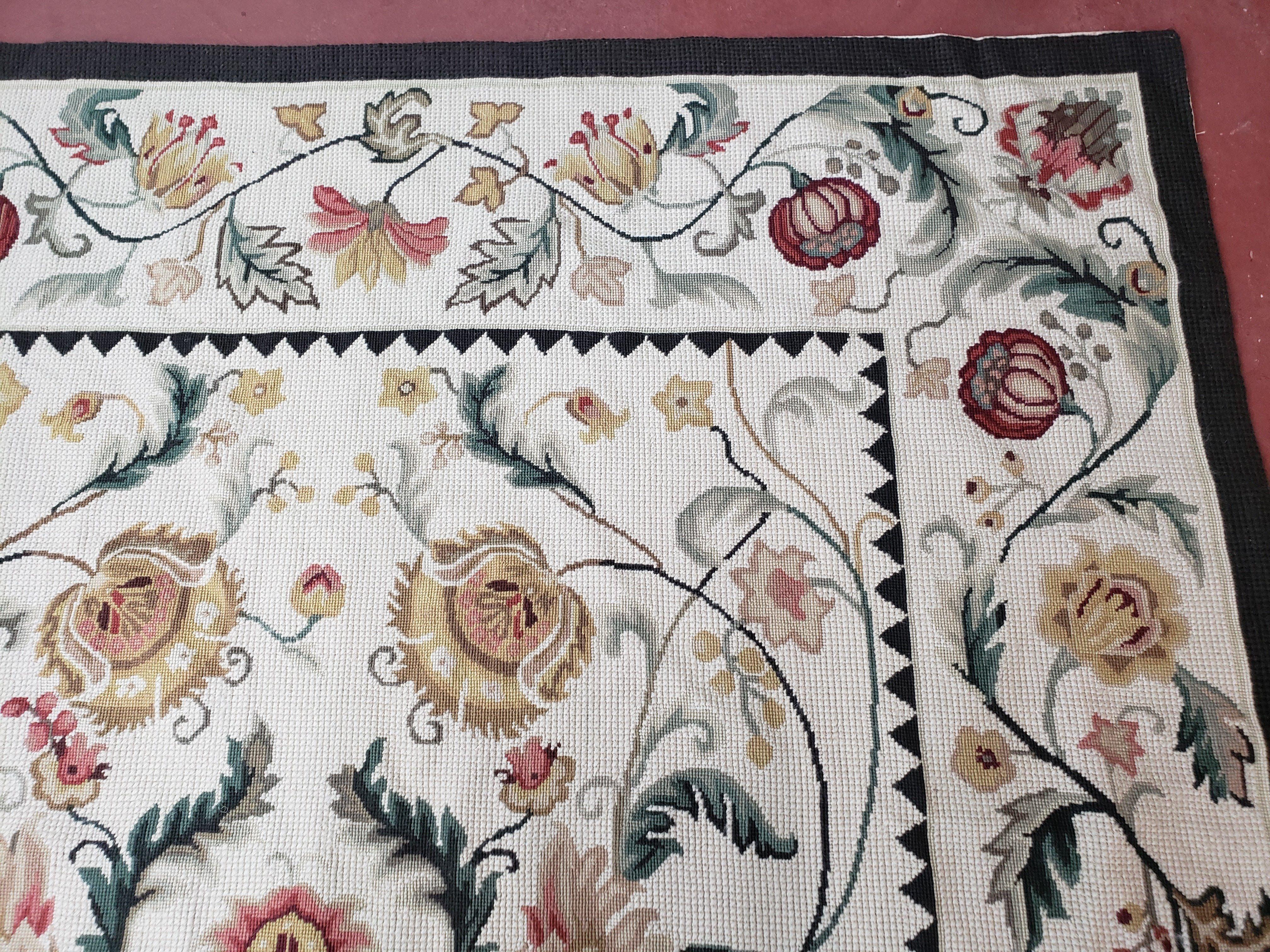 New Needlepoint Rug 9x12, Hand Woven Wool Area Rug, Flatweave Carpet, Handmade Chinese Needlepoint, Floral European Design, Ivory Background - Image 7