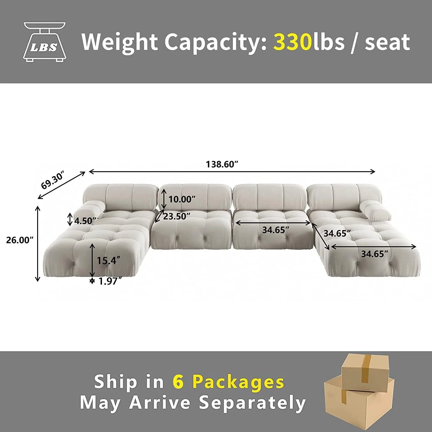 Nuvé® Takumi Velvet Modular Bouclé Cloud Sofa - Beige - 4-Seater Sofa with 2 Ottoman - Image 5