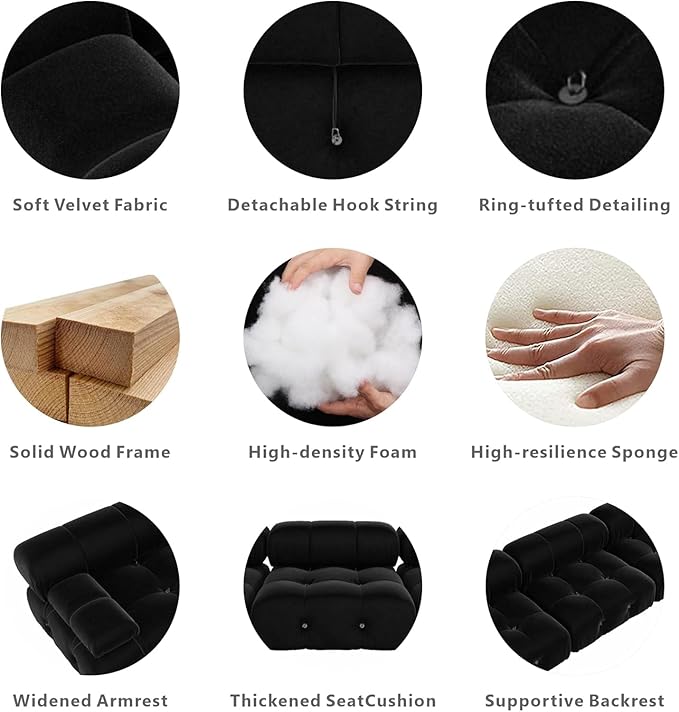 Nuvé® Takumi Velvet Modular Bouclé Cloud Sofa - Black - 4-Seater Sofa with 2 Ottoman - Image 3
