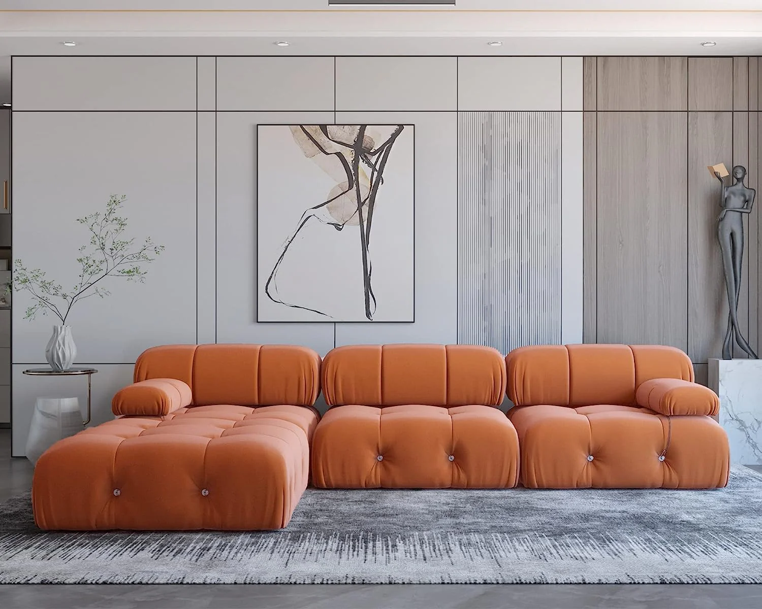 Nuvé® Takumi Velvet Modular Bouclé Cloud Sofa - Orange - 3-Seater Sofa with 1 Ottoman - Image 3