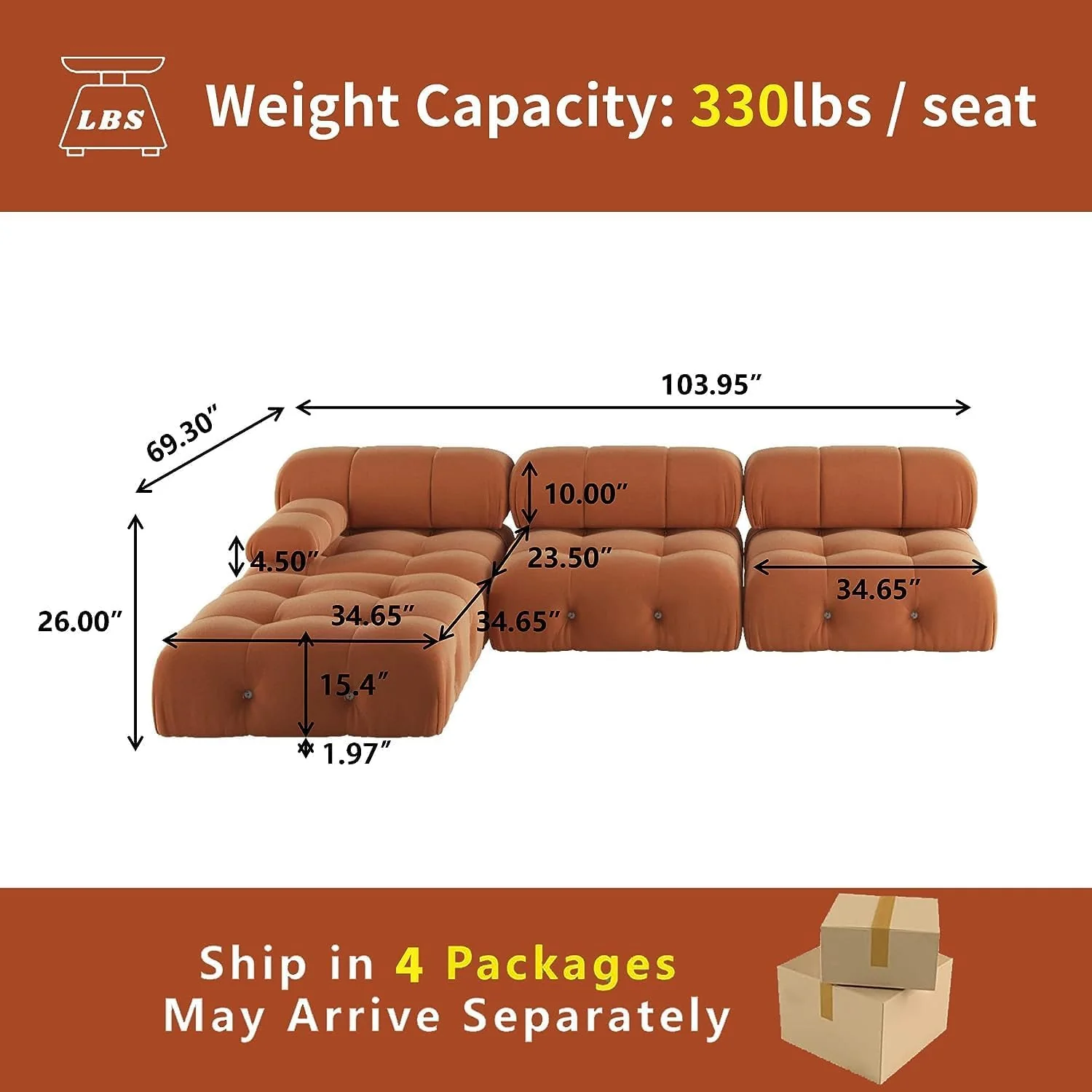 Nuvé® Takumi Velvet Modular Bouclé Cloud Sofa - Orange - 3-Seater Sofa with 1 Ottoman - Image 5