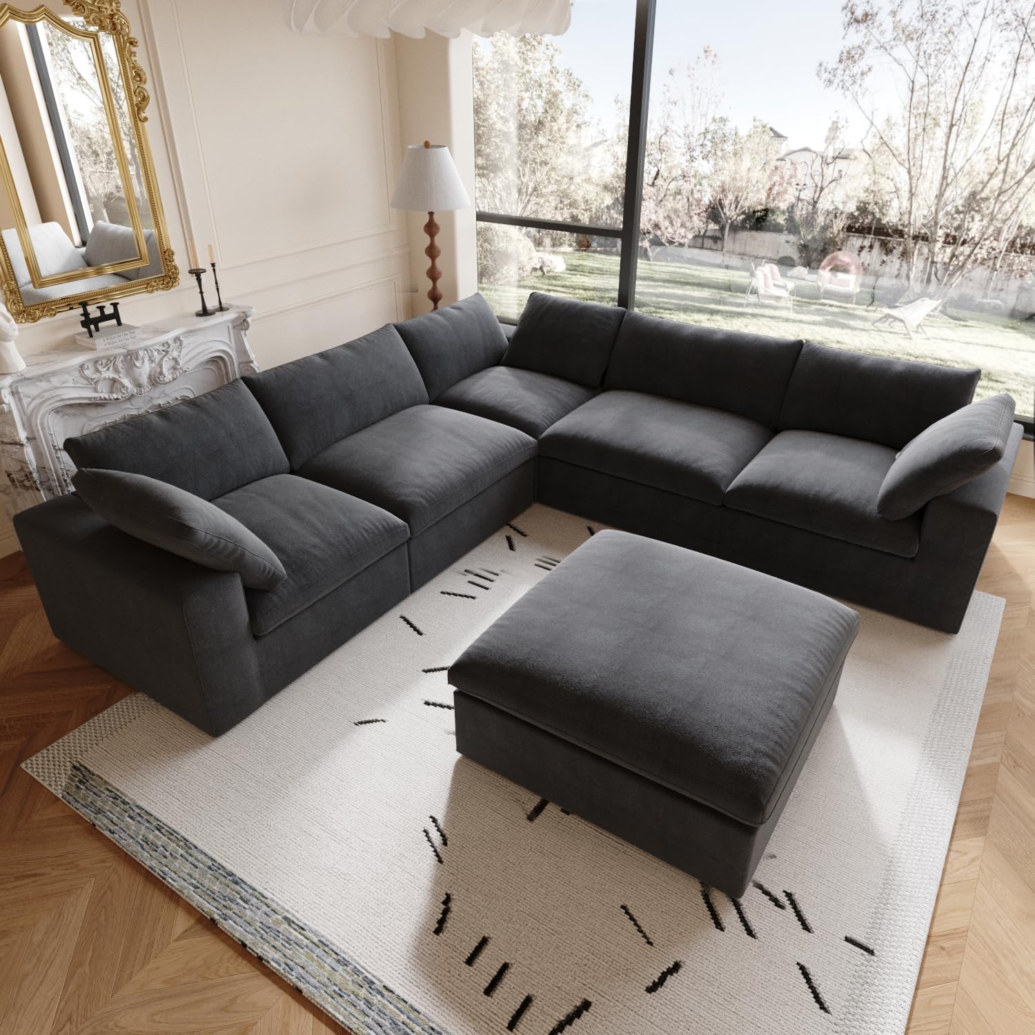 Nuvé® Solace Modular Bouclé Cloud Sofa - Obsidian Black - 5-Seater Corner Sectional + Ottoman