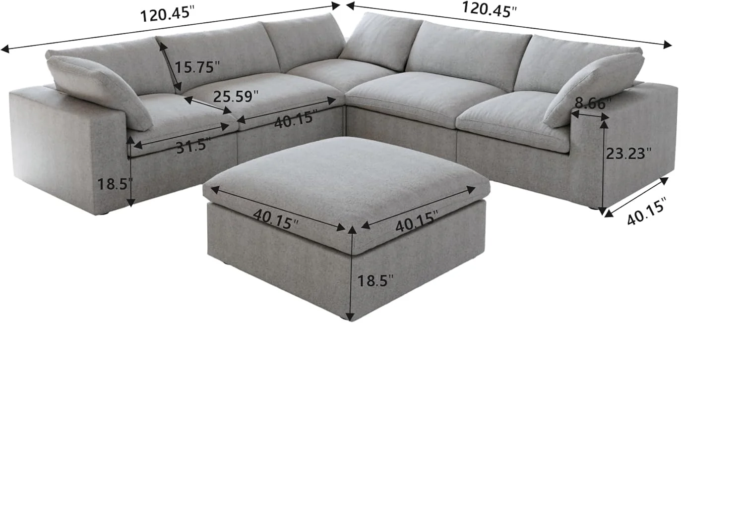 Nuvé® Solace Modular Bouclé Cloud Sofa - Space Grey - 5-Seater Corner Sectional + Ottoman - Image 7