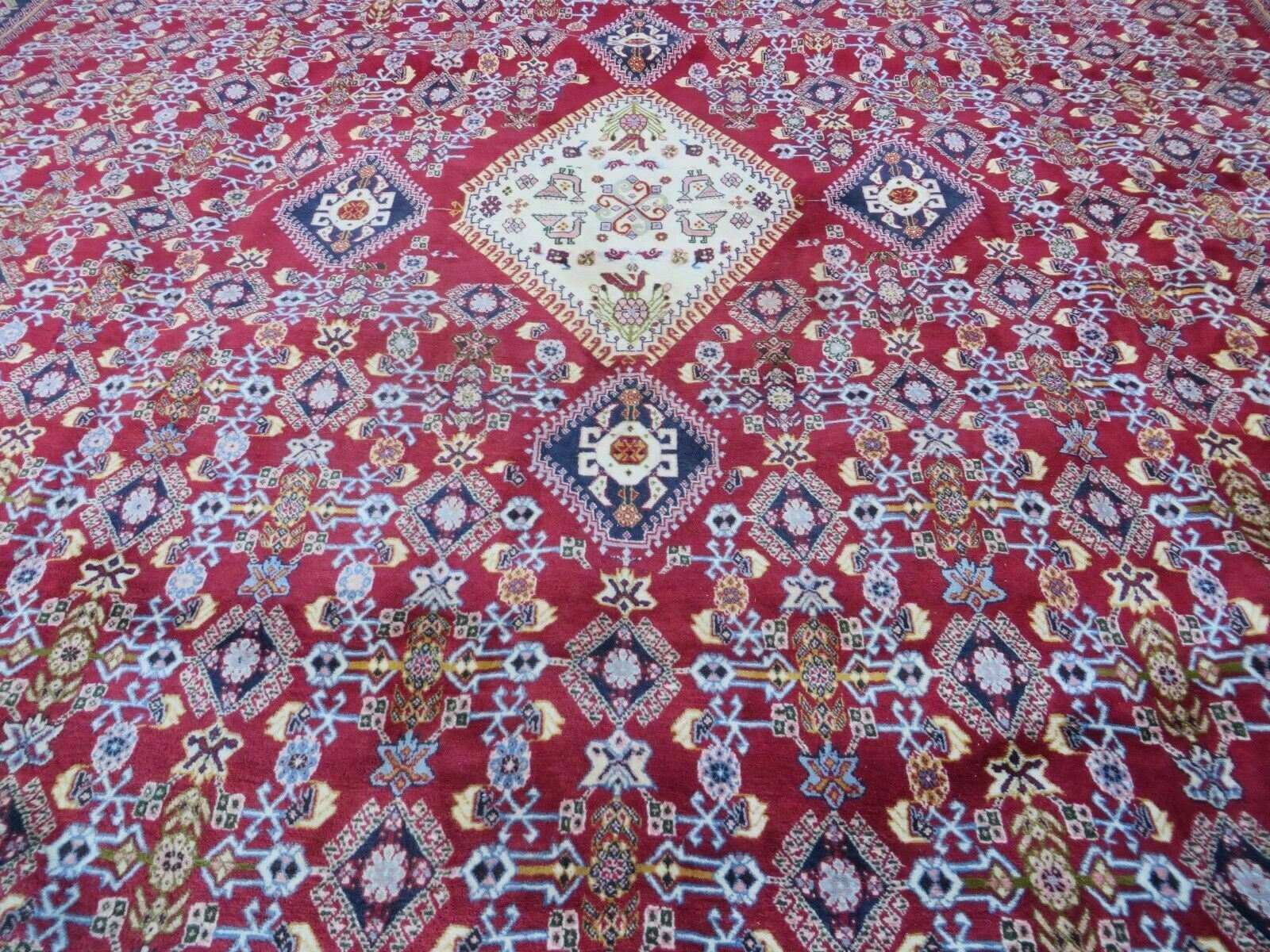 Oversized Persian Shiraz Tribal Rug 13x19, Palace Sized Oriental Carpet, Handmade Hand-Knotted X Large Rug, Red Blue Cream, Allover Herati Pattern - Image 3