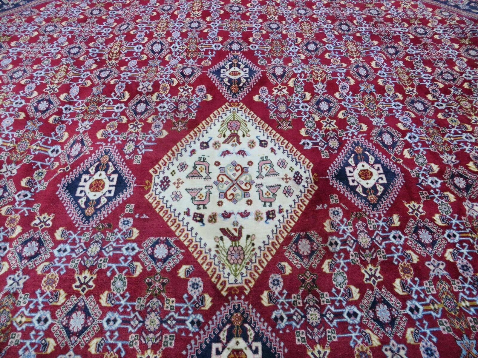 Oversized Persian Shiraz Tribal Rug 13x19, Palace Sized Oriental Carpet, Handmade Hand-Knotted X Large Rug, Red Blue Cream, Allover Herati Pattern - Image 4