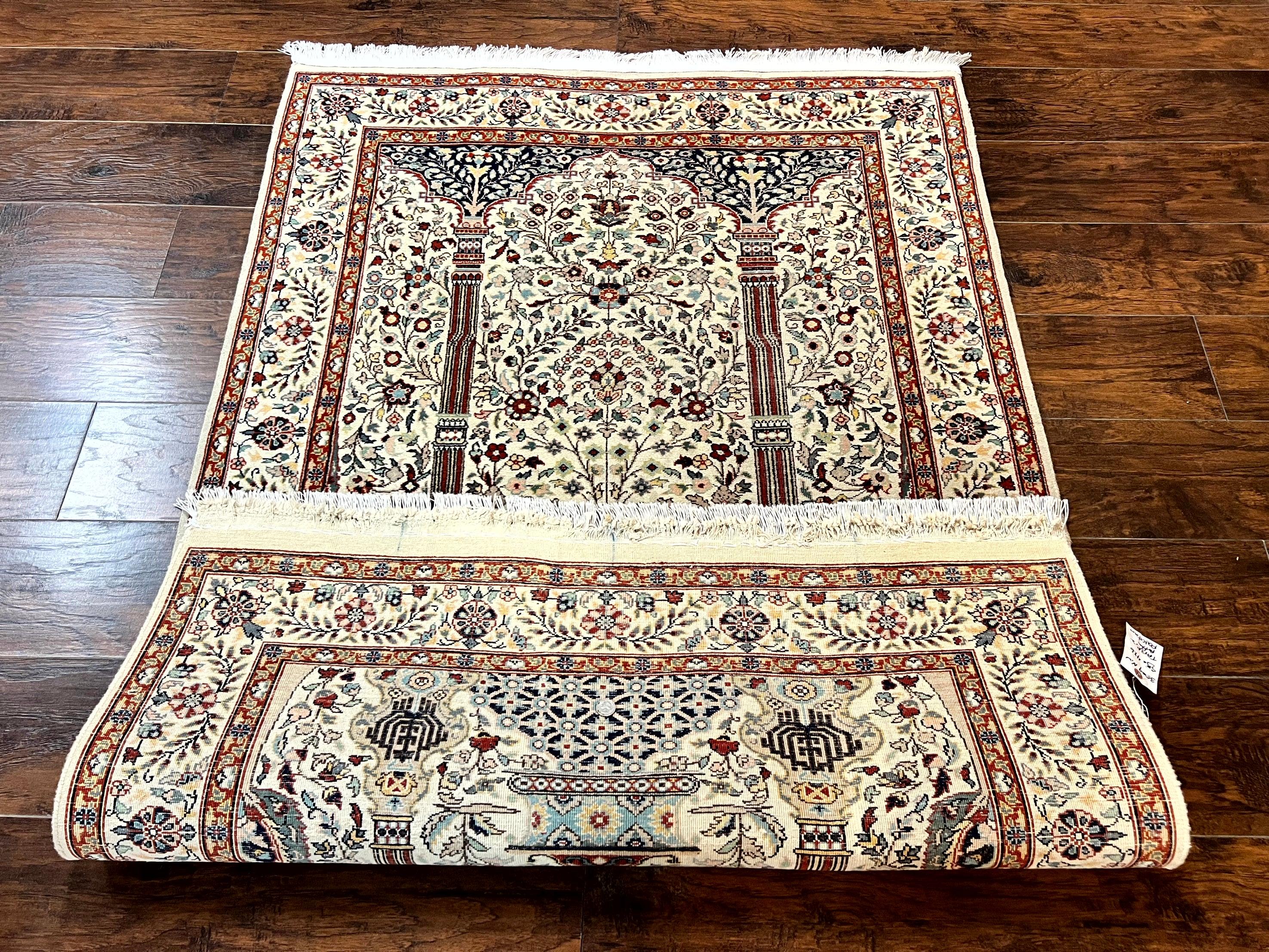 Pak Perisan Prayer Rug 4x6, Tree of LIfe Carpet, Handmade Vintage Wool Rug, Beige, Floral Vases - Image 10