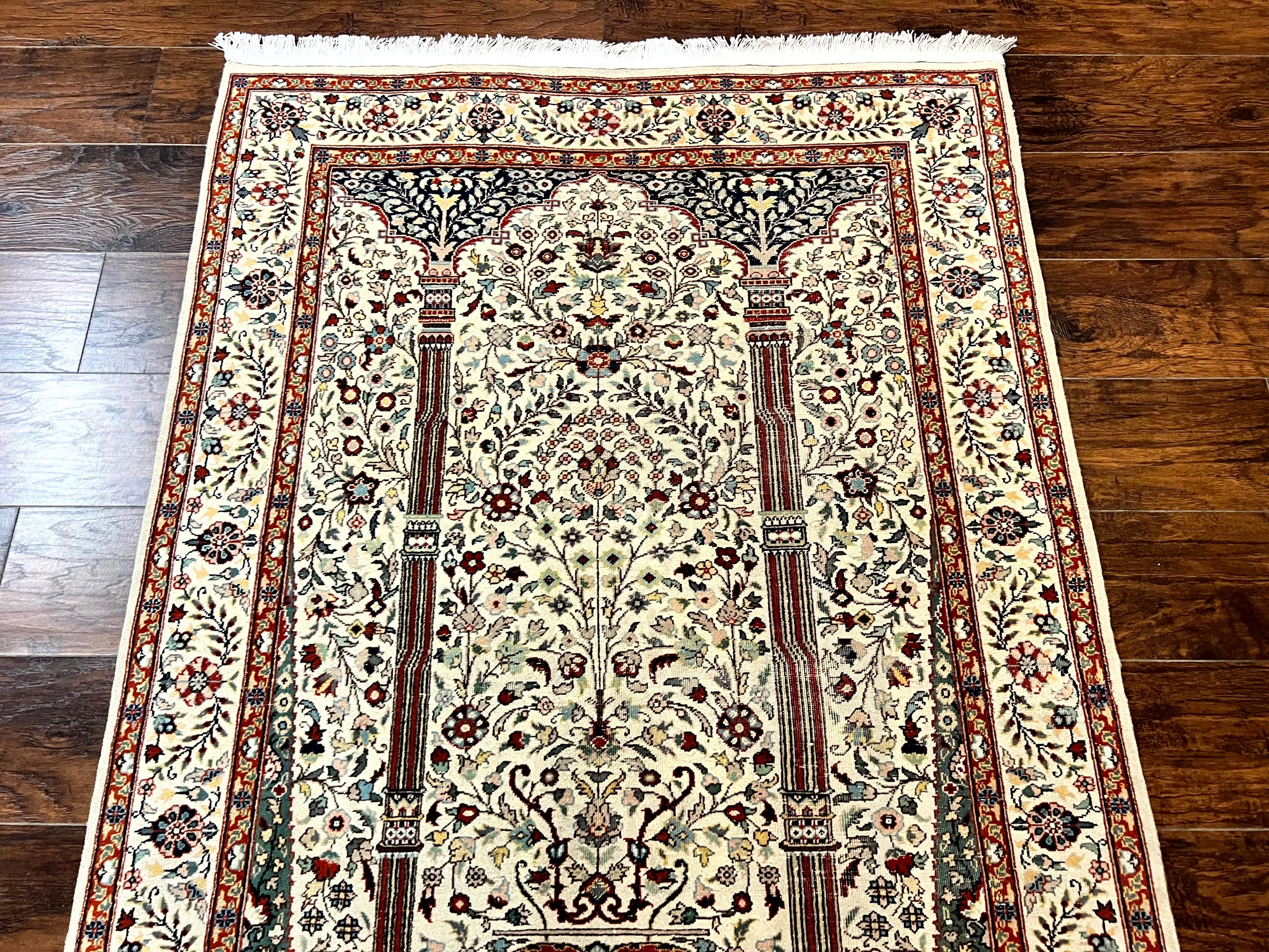 Pak Perisan Prayer Rug 4x6, Tree of LIfe Carpet, Handmade Vintage Wool Rug, Beige, Floral Vases - Image 12