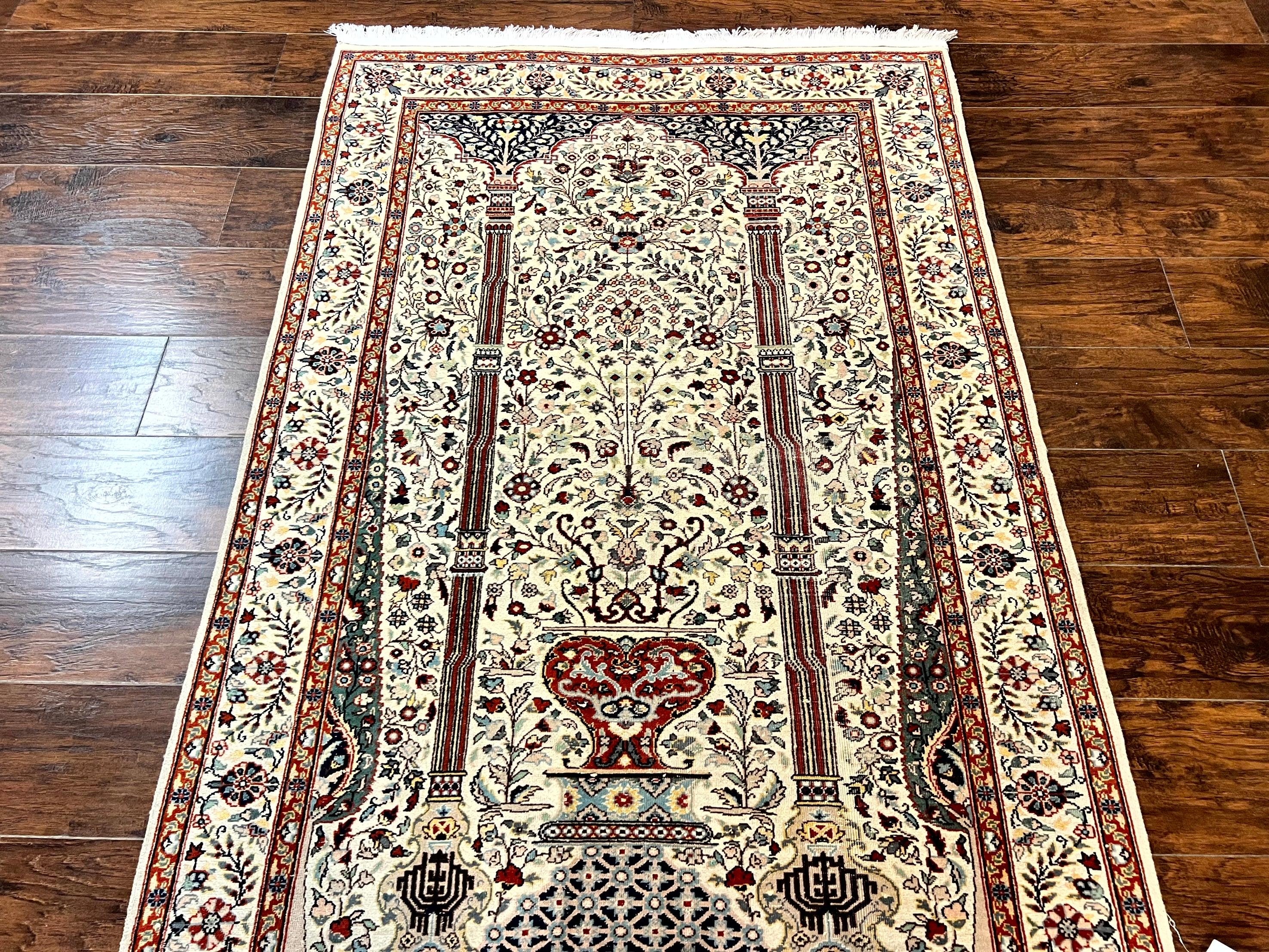 Pak Perisan Prayer Rug 4x6, Tree of LIfe Carpet, Handmade Vintage Wool Rug, Beige, Floral Vases - Image 2