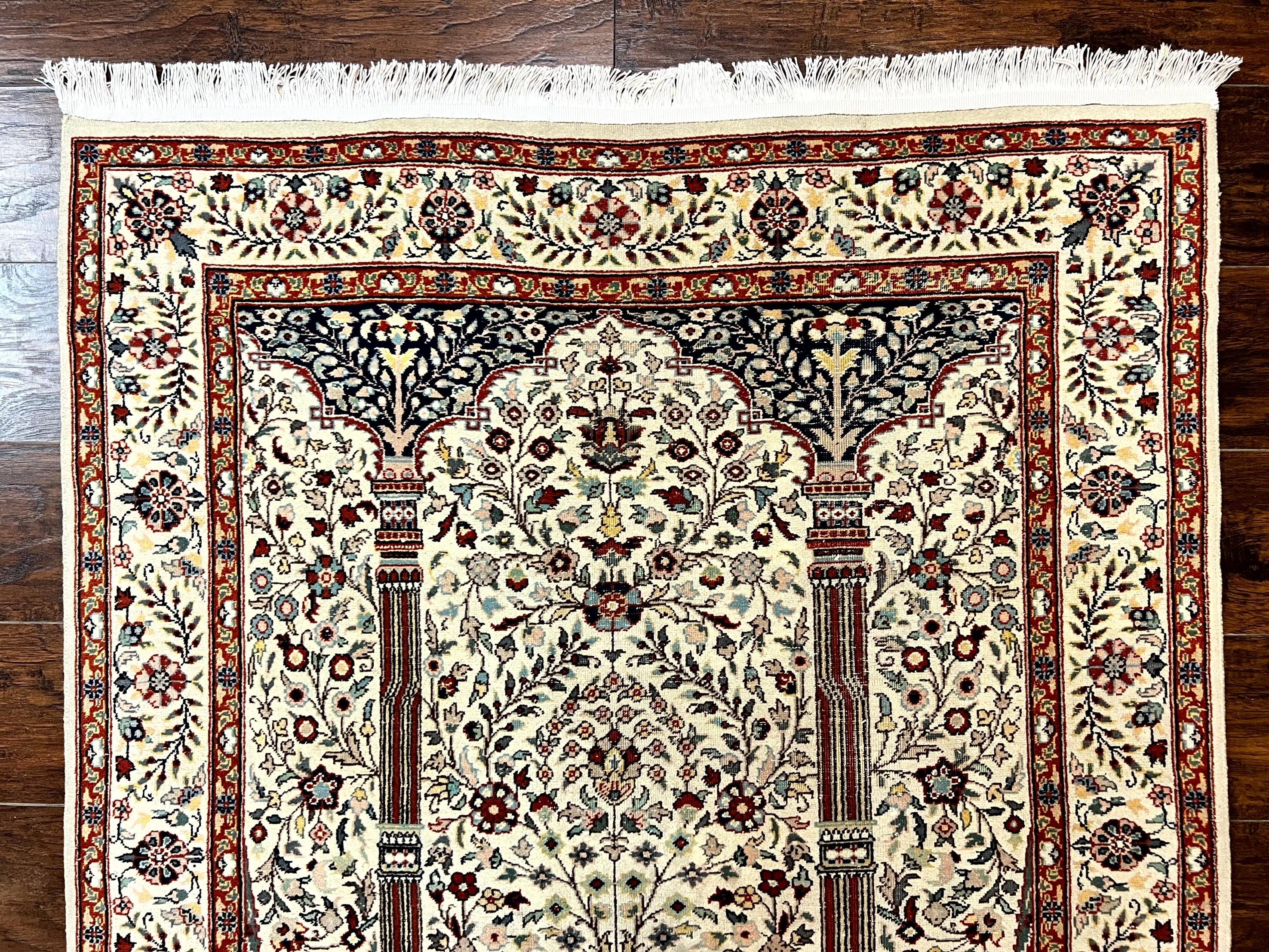 Pak Perisan Prayer Rug 4x6, Tree of LIfe Carpet, Handmade Vintage Wool Rug, Beige, Floral Vases - Image 3
