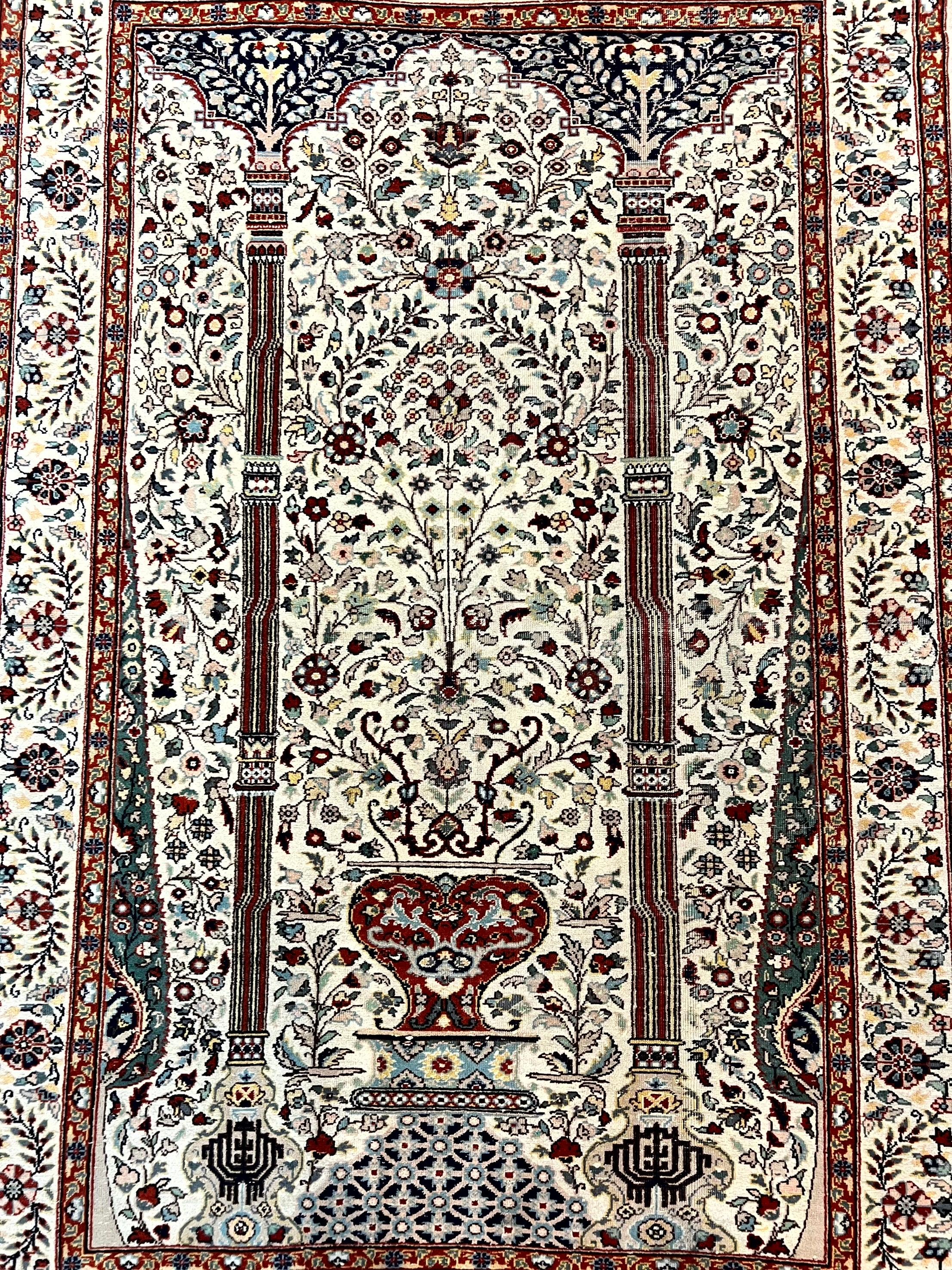 Pak Perisan Prayer Rug 4x6, Tree of LIfe Carpet, Handmade Vintage Wool Rug, Beige, Floral Vases - Image 4