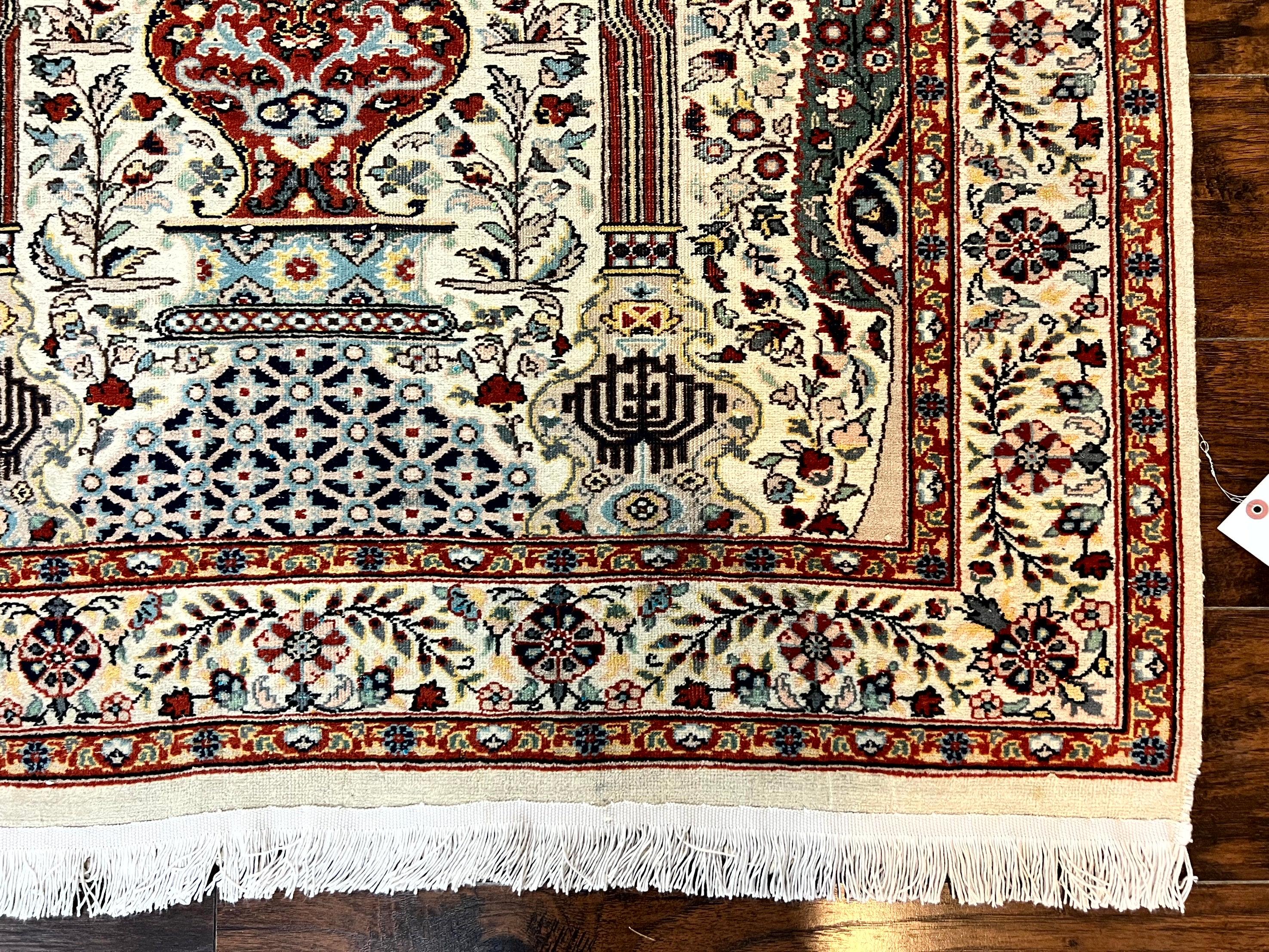 Pak Perisan Prayer Rug 4x6, Tree of LIfe Carpet, Handmade Vintage Wool Rug, Beige, Floral Vases - Image 9