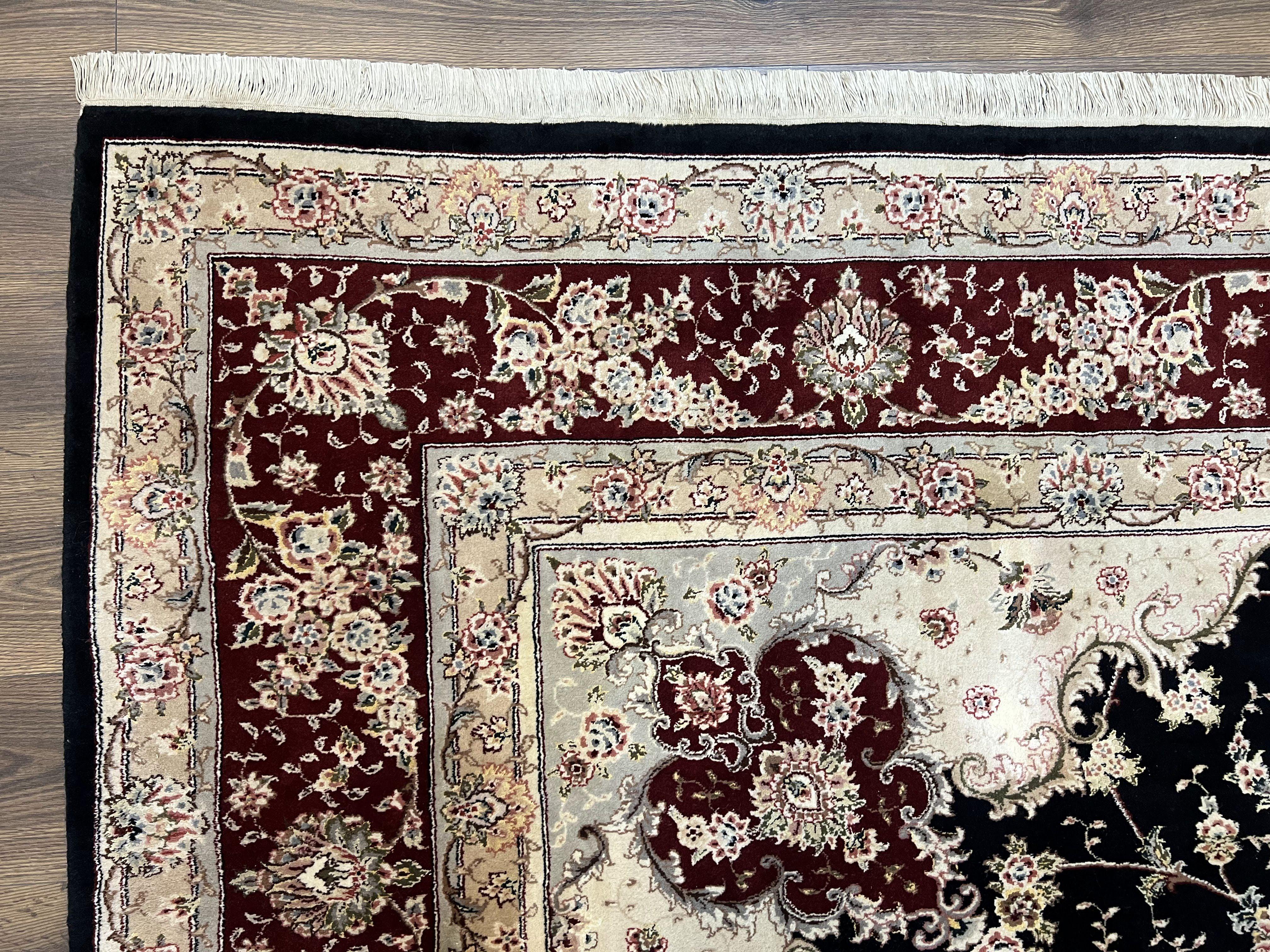 Pak Persian Rug 8.8 x 10.6, Floral Medallion, Wool and Silk Hand Knotted Fine Oriental Carpet, Elegant Rug, Black Gray Burgundy, Room Sized - Image 6
