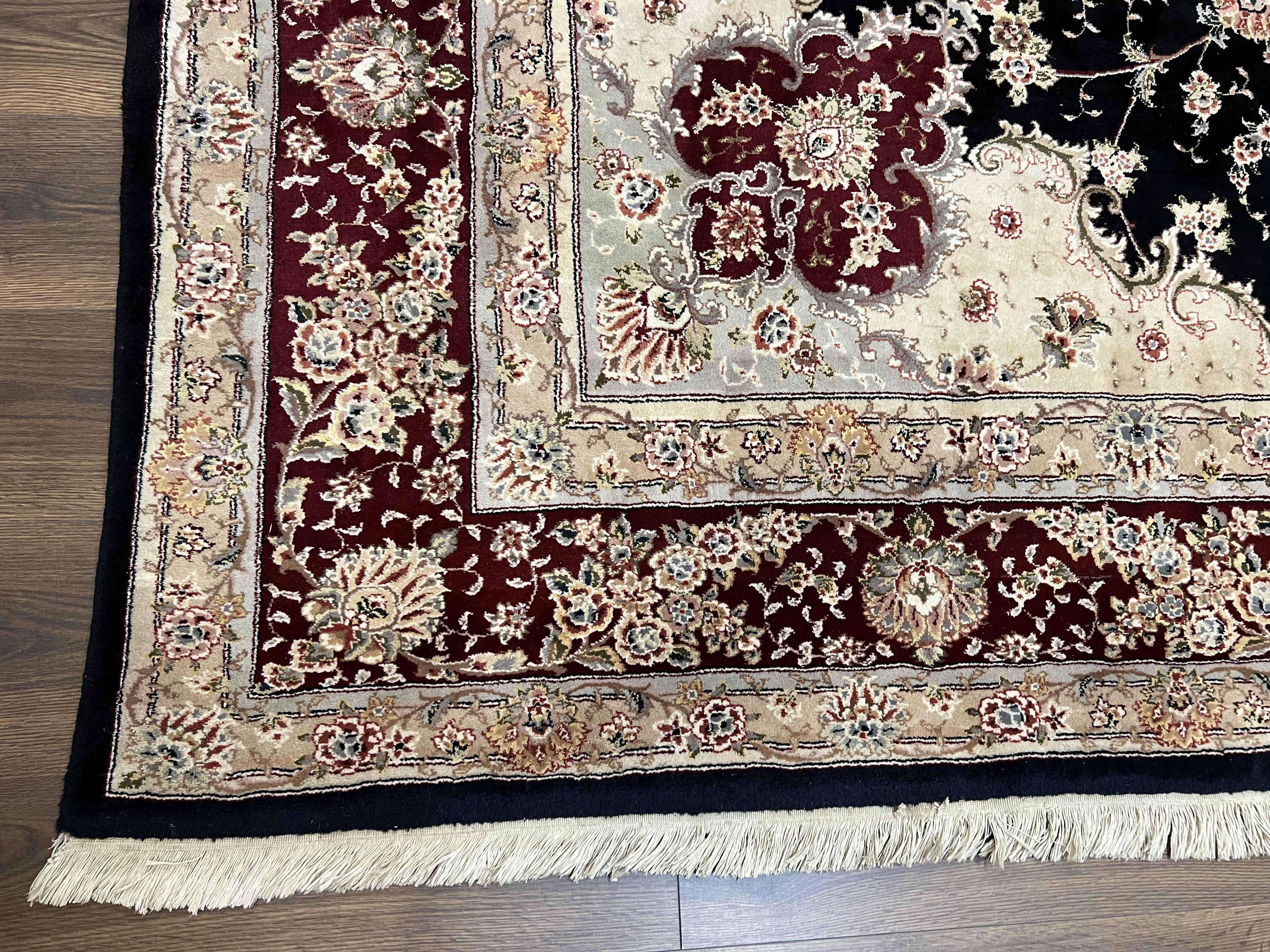 Pak Persian Rug 8.8 x 10.6, Floral Medallion, Wool and Silk Hand Knotted Fine Oriental Carpet, Elegant Rug, Black Gray Burgundy, Room Sized - Image 8