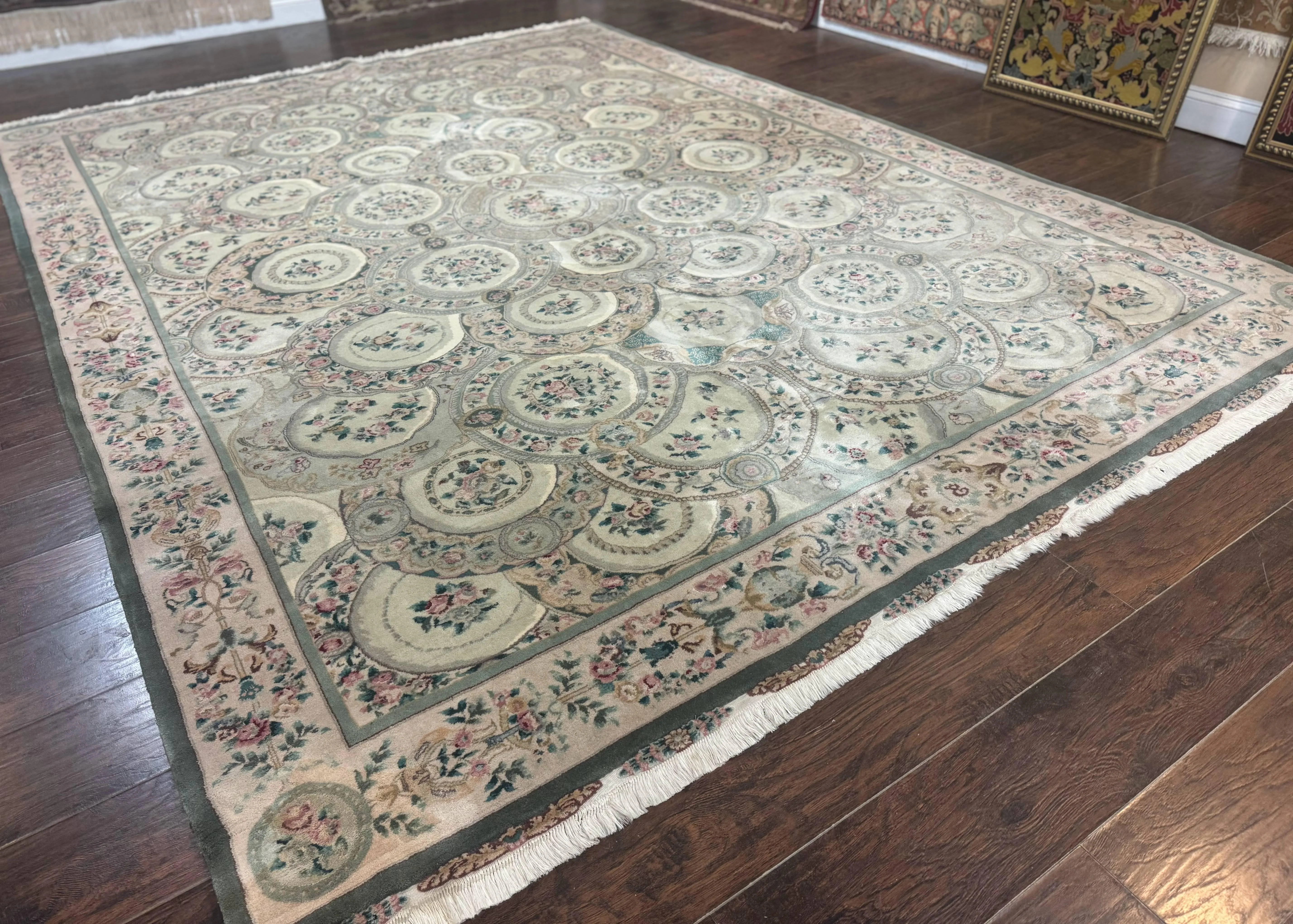 Pak Persian Rug 9x12, Wool with Silk Highlights, European Design, Floral, Green - Image 12