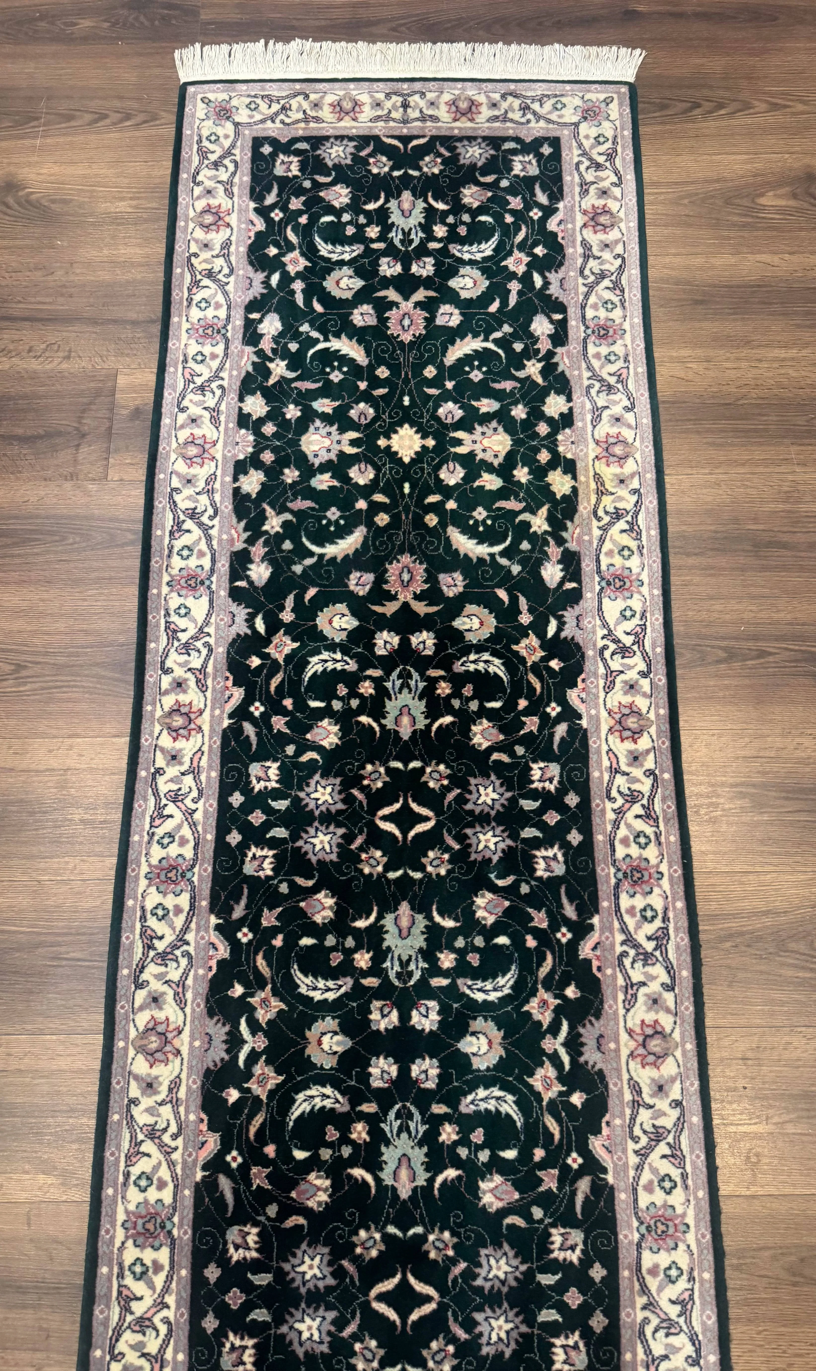 Pak Persian Runner Rug 2.6 x 10, Dark Green and Beige, Floral Allover - Image 3