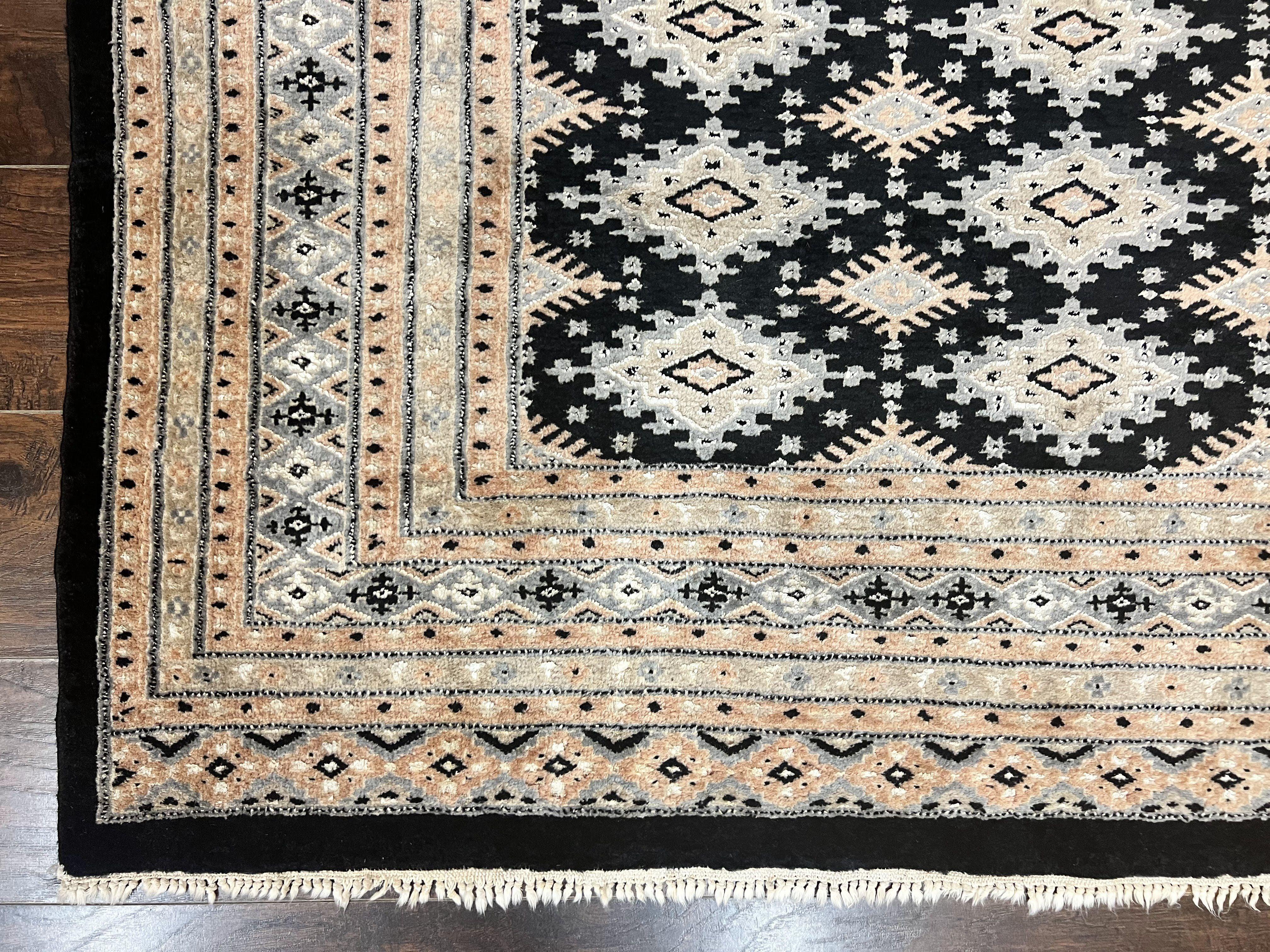 Pakistani Bokhara Rug 6x9, Hand Knotted Vintage Wool Carpet with Silk Highlights, Very Fine 320 KPSI, Medium Size - Image 8