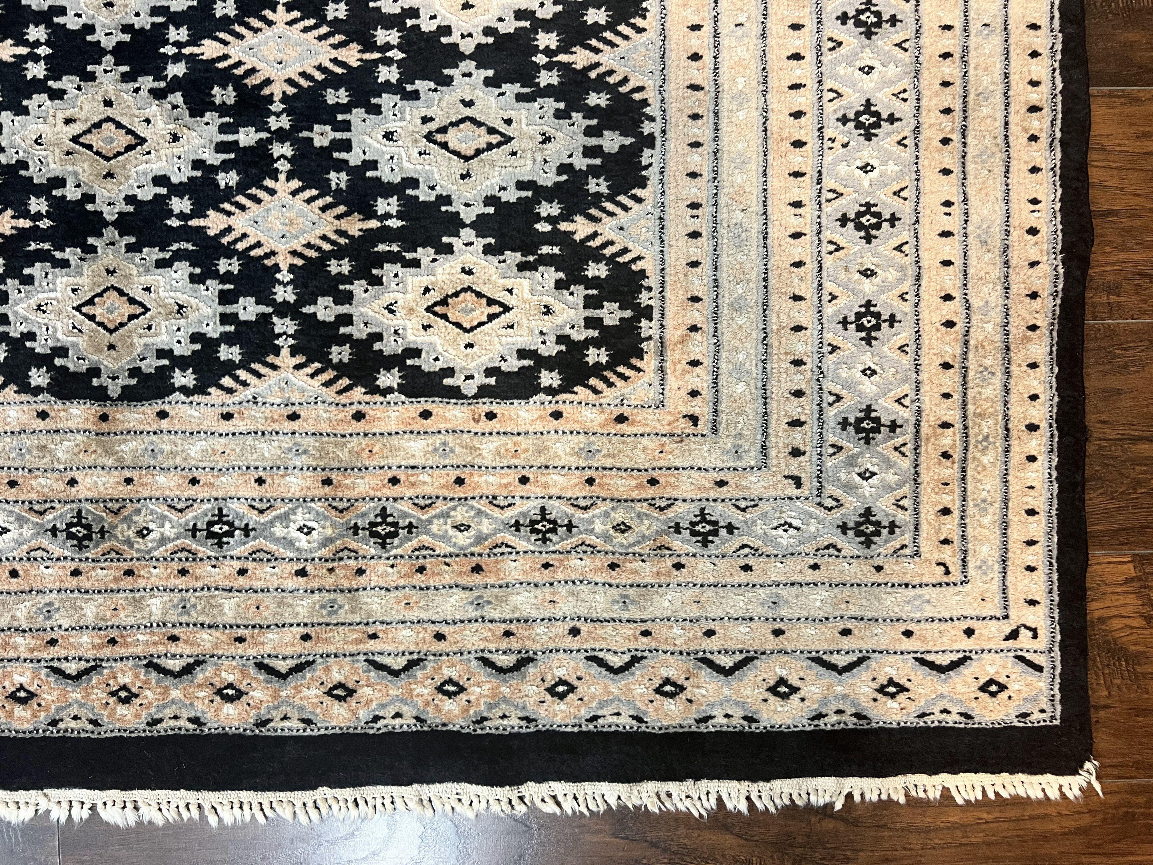 Pakistani Bokhara Rug 6x9, Hand Knotted Vintage Wool Carpet with Silk Highlights, Very Fine 320 KPSI, Medium Size - Image 9