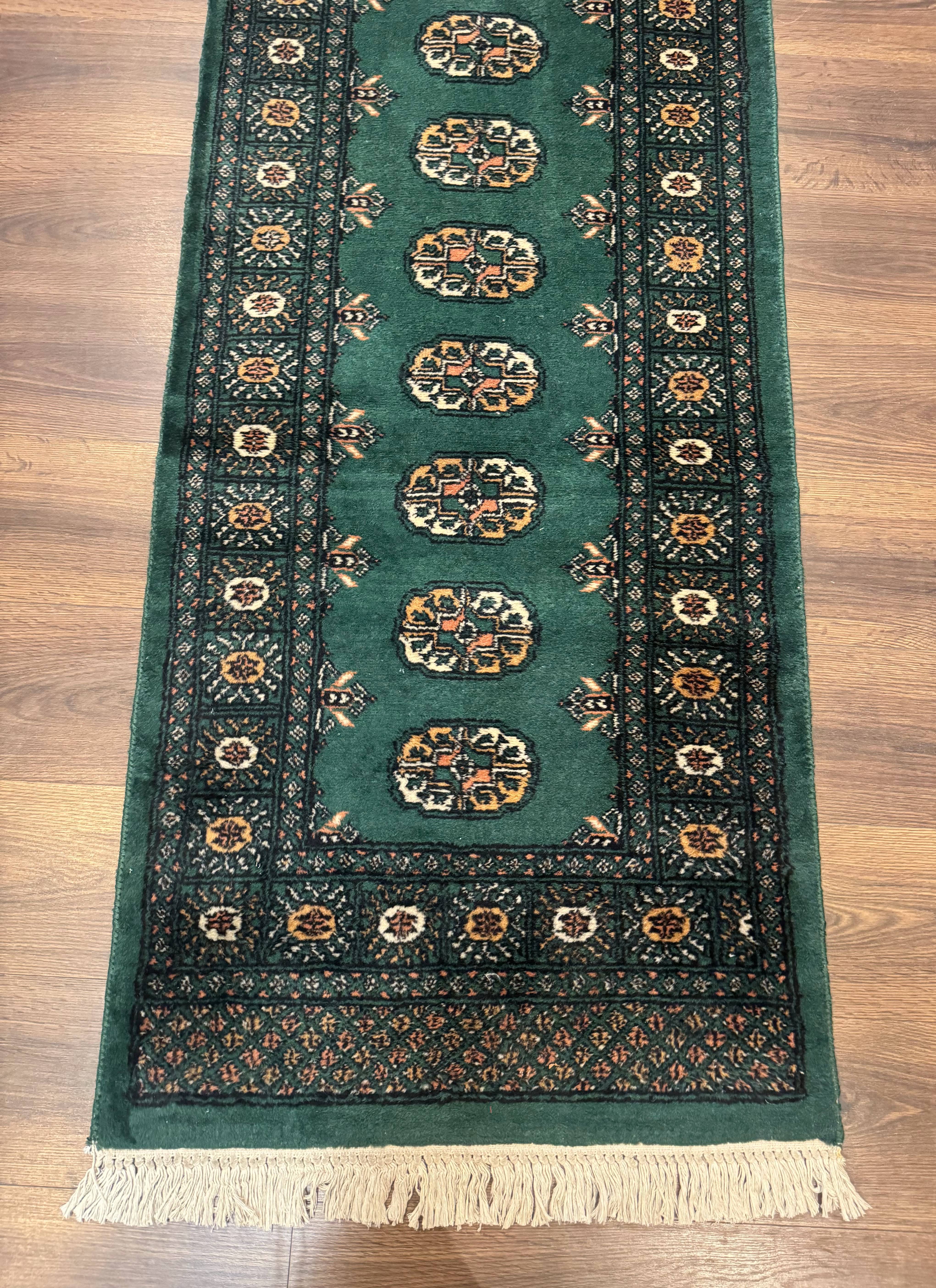 Pakistani Bokhara Runner Rug 2.5 x 11, Green Turkoman Wool Runner for Hallway - Image 5