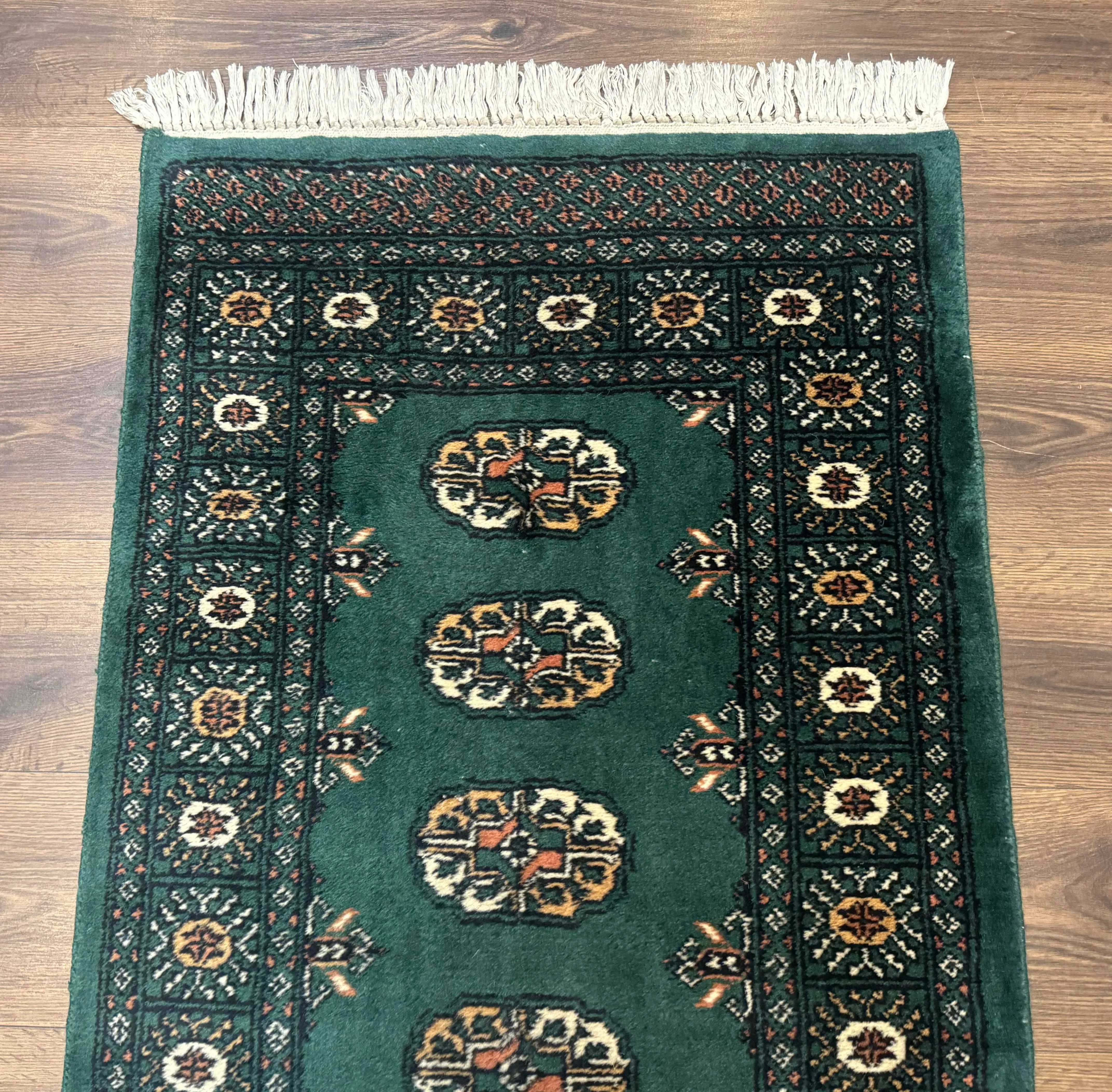 Pakistani Bokhara Runner Rug 2.5 x 11, Green Turkoman Wool Runner for Hallway - Image 6