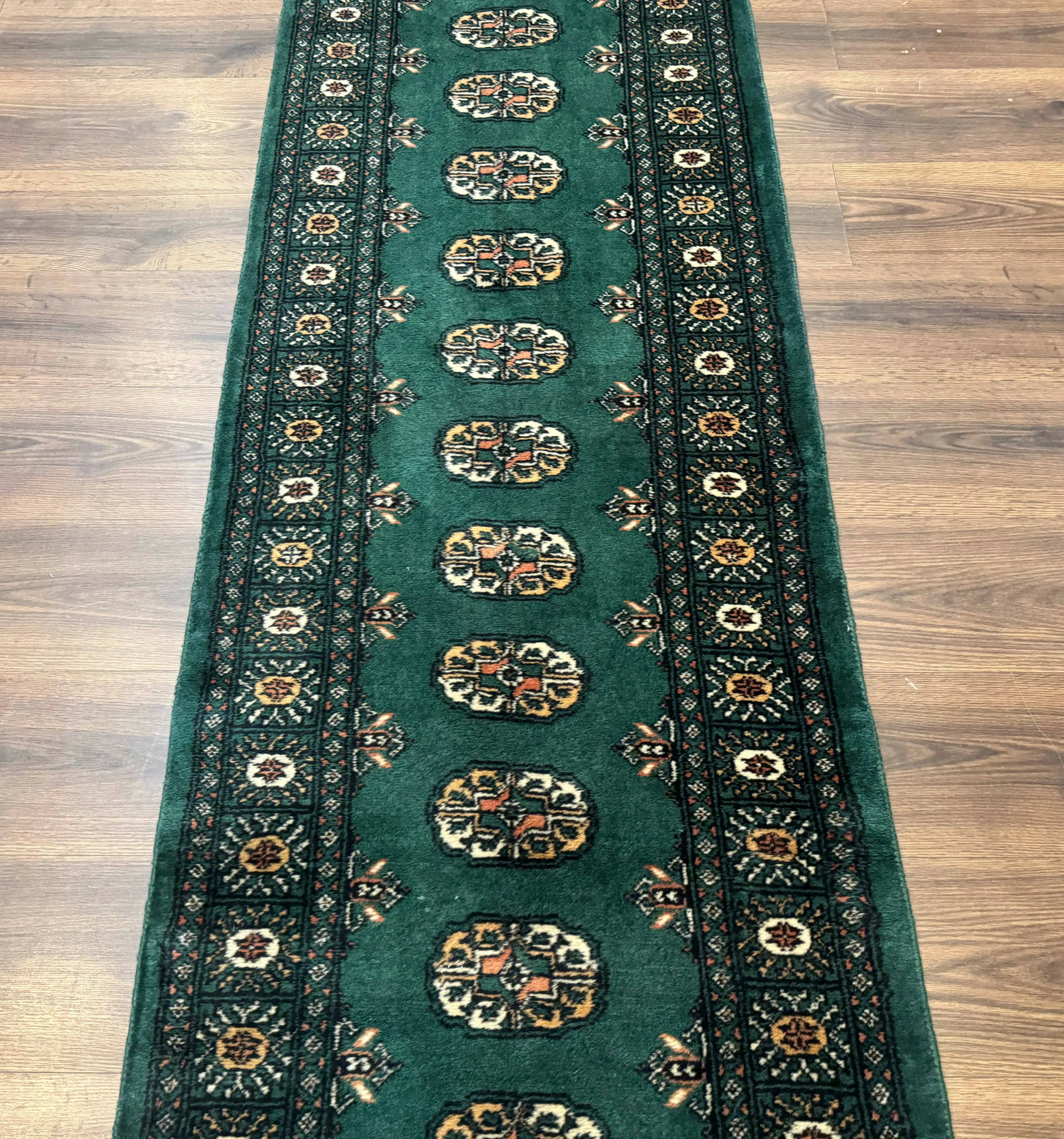 Pakistani Bokhara Runner Rug 2.5 x 11, Green Turkoman Wool Runner for Hallway - Image 7